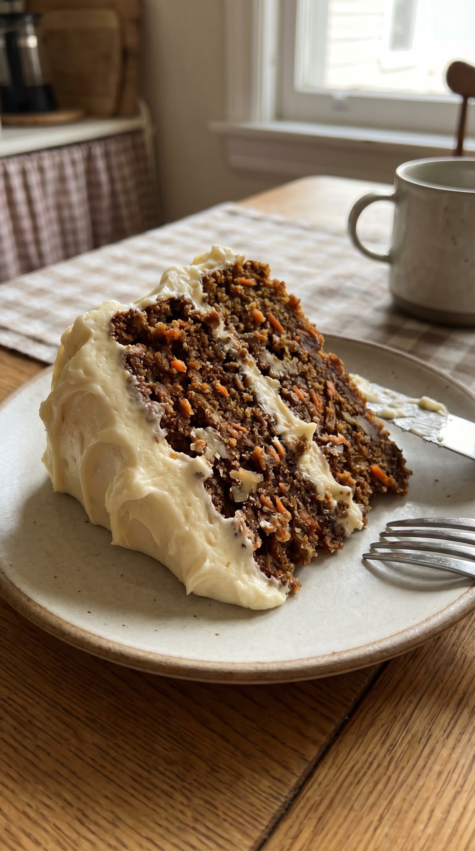 A creamy homemade carrot cake sliced and served on a plate.
