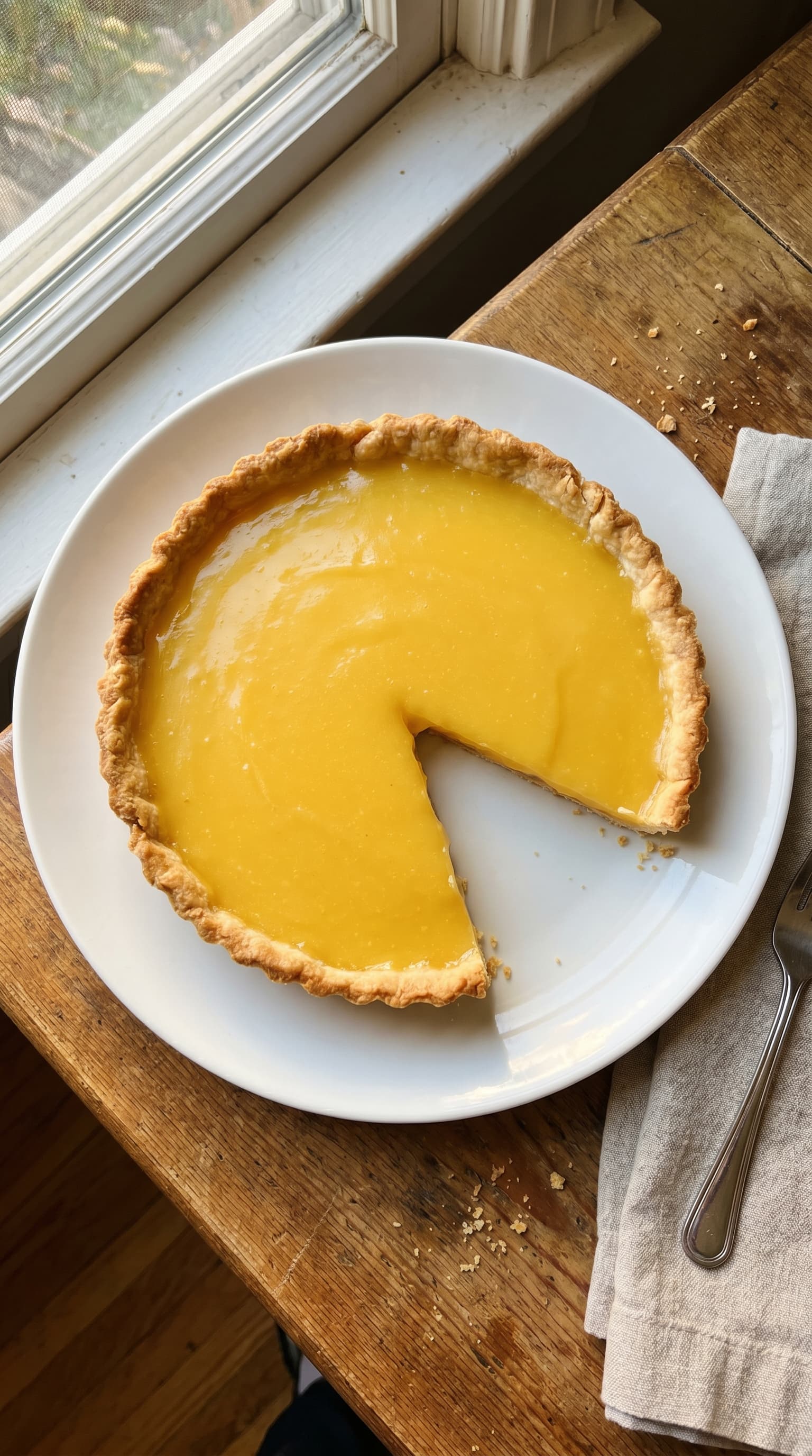 Glossy lemon tart with a golden pastry crust and one slice removed on a white plate by a window.