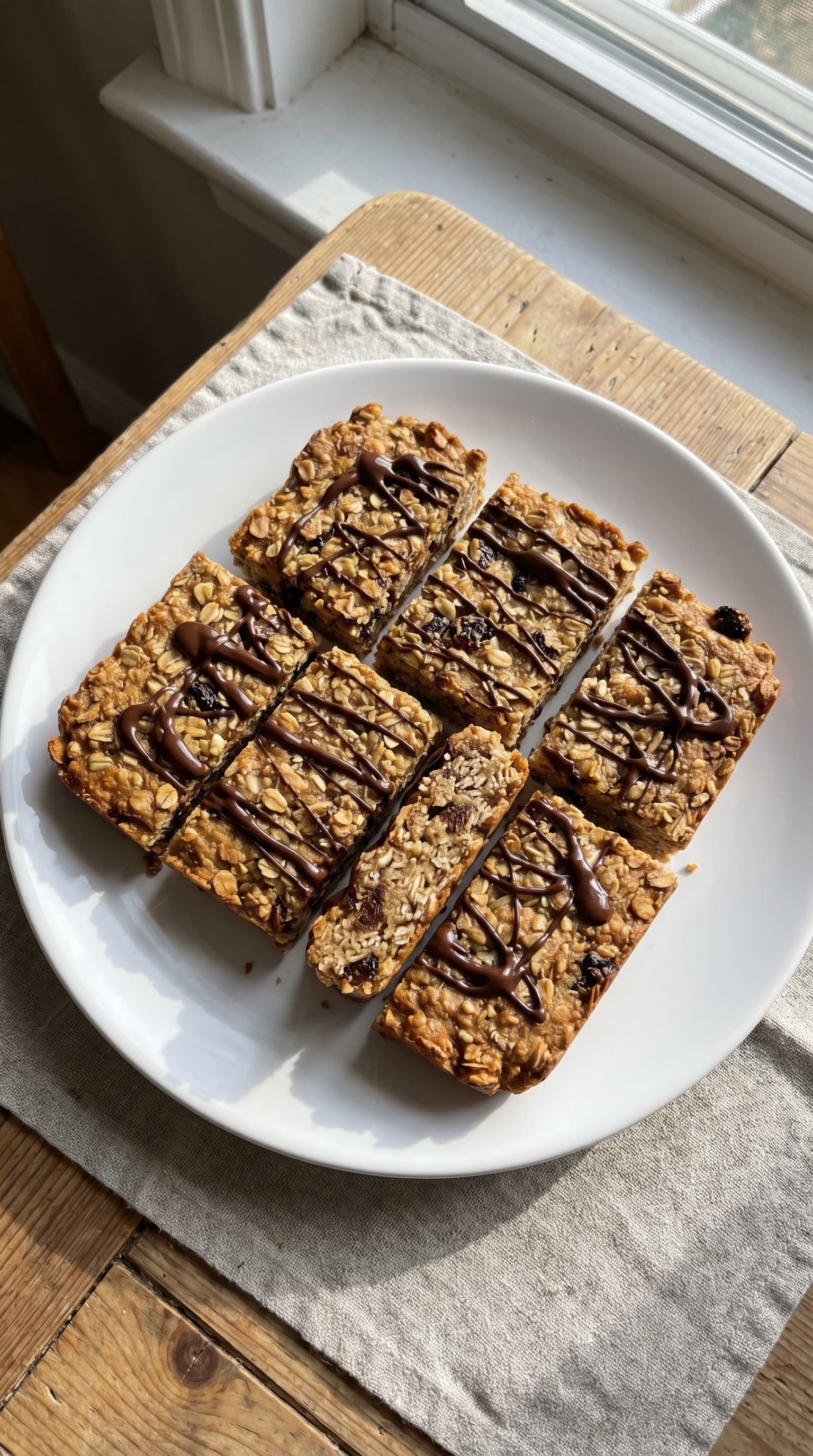 Golden homemade oat bars cut into rectangles and served on a plate.