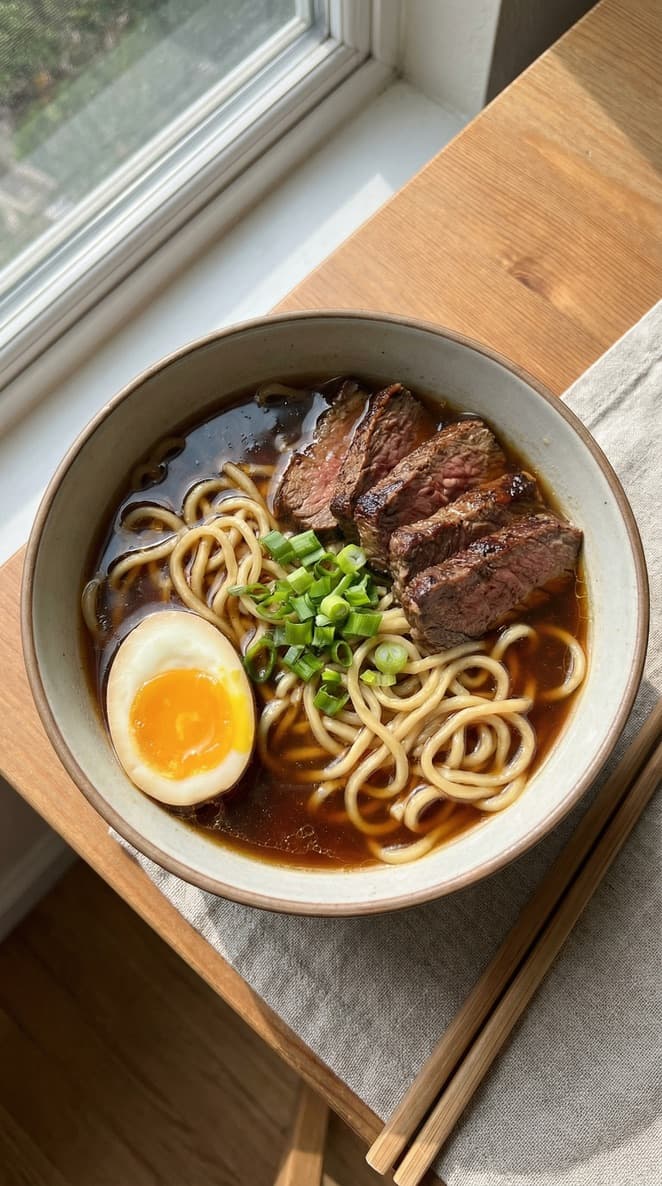 Beef ramen with noodles, broth, eggs, and toppings in a deep bowl
