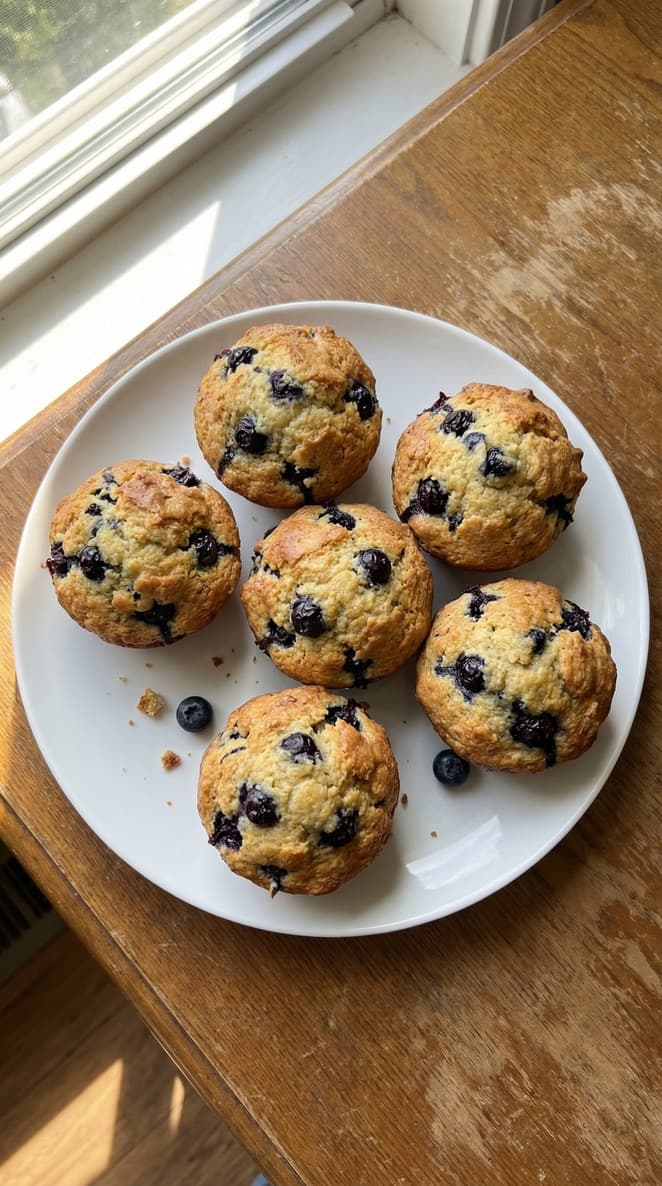 Blueberry muffins with golden tops arranged on a tray