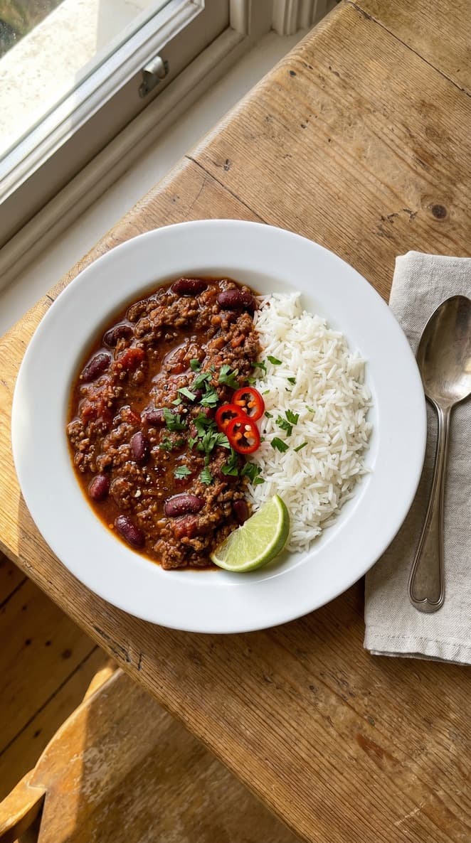 Chili con carne served in a bowl with white rice
