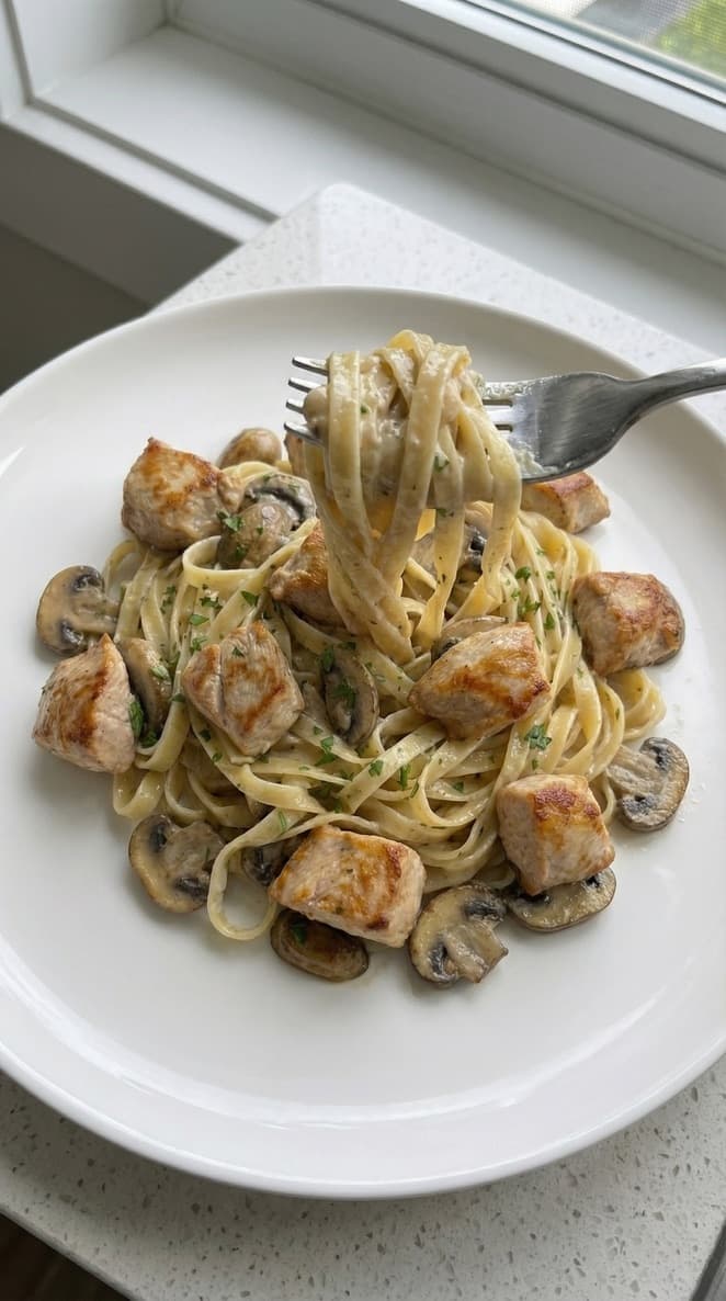 Creamy mushroom pasta plated in a shallow bowl