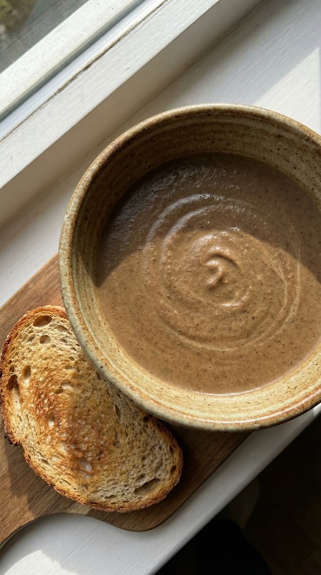 Creamy mushroom soup served in a bowl