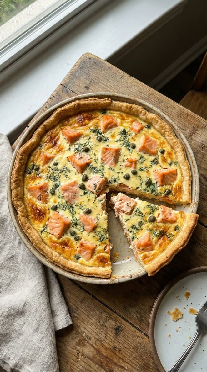Salmon quiche with a golden crust on a serving plate