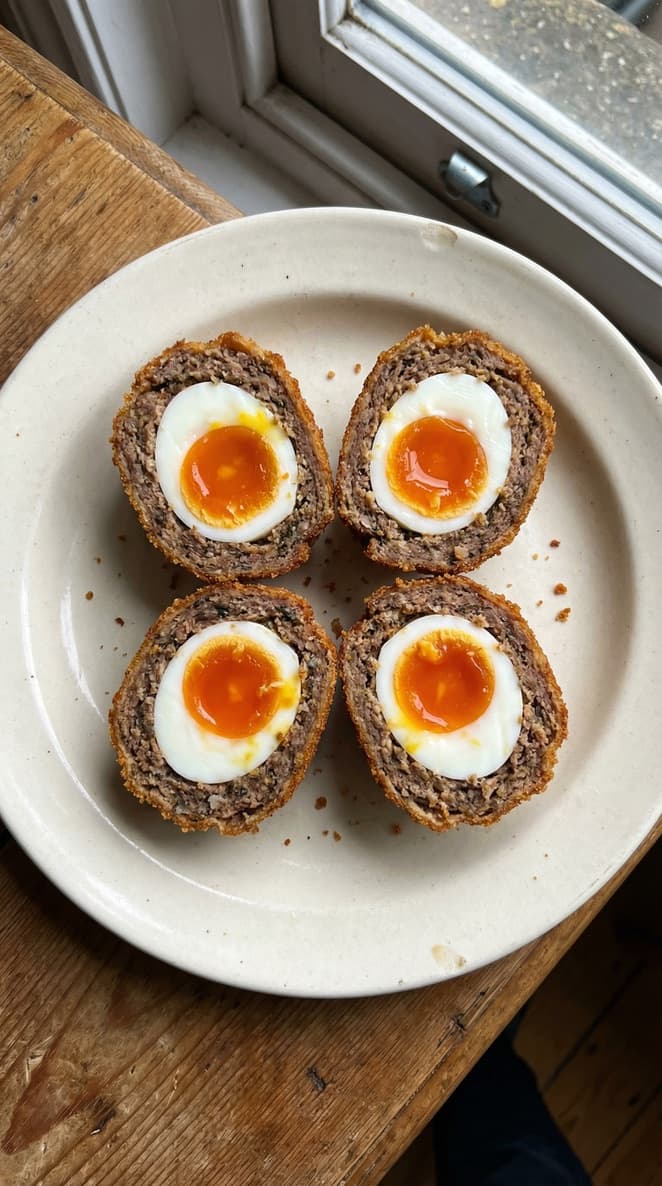 Scottish eggs cut open to reveal the centre