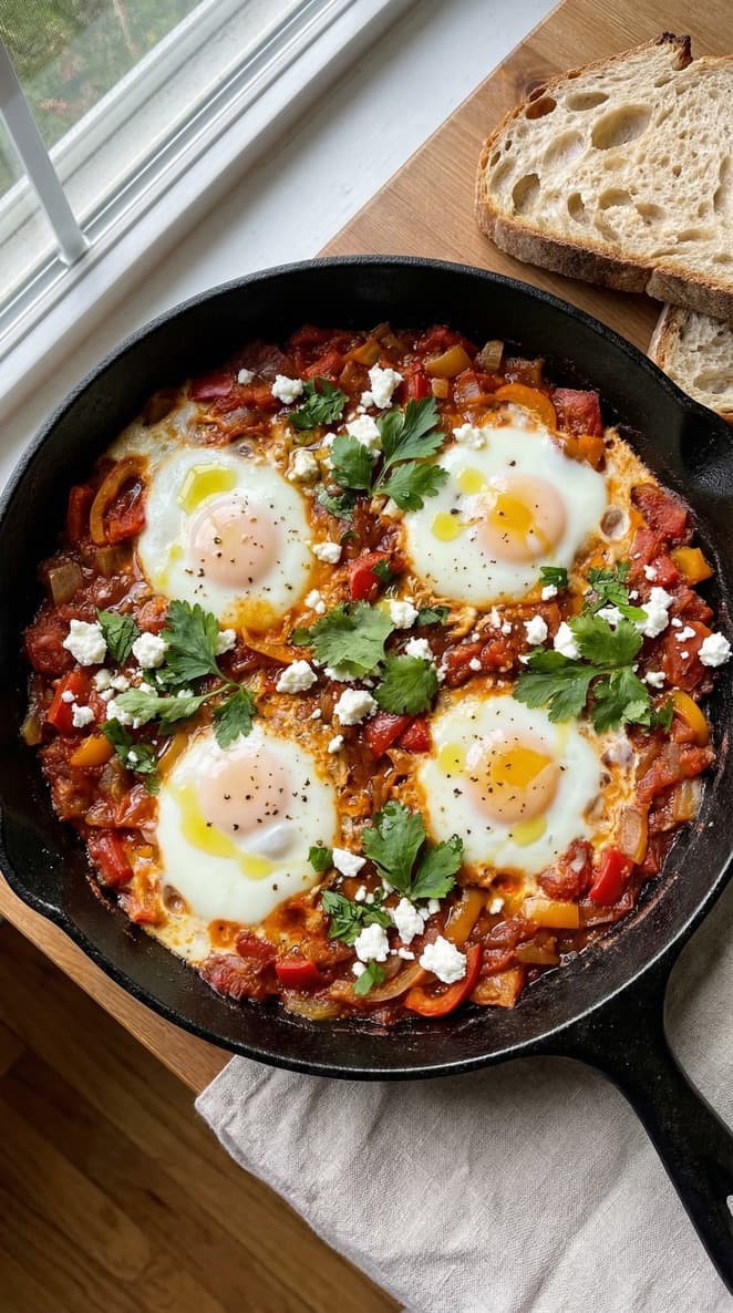 Shakshuka in a skillet with eggs set in tomato sauce