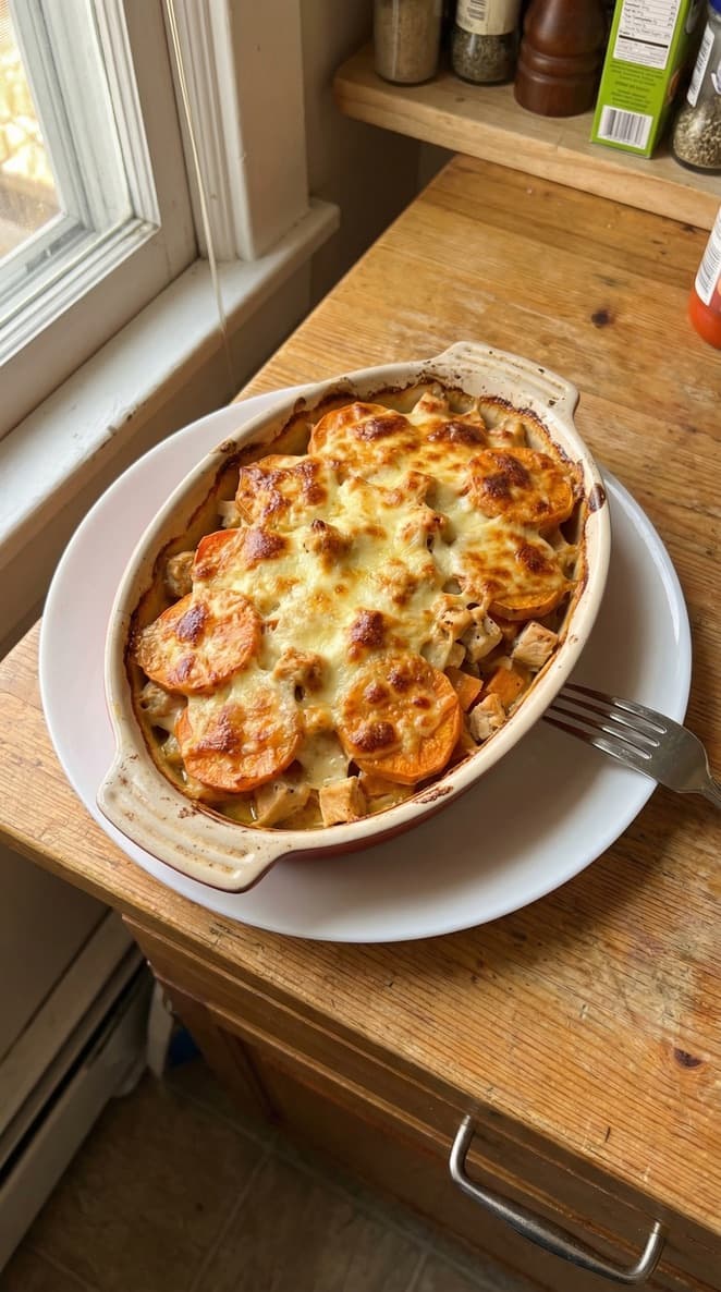 Sweet potato and chicken gratin baked until golden