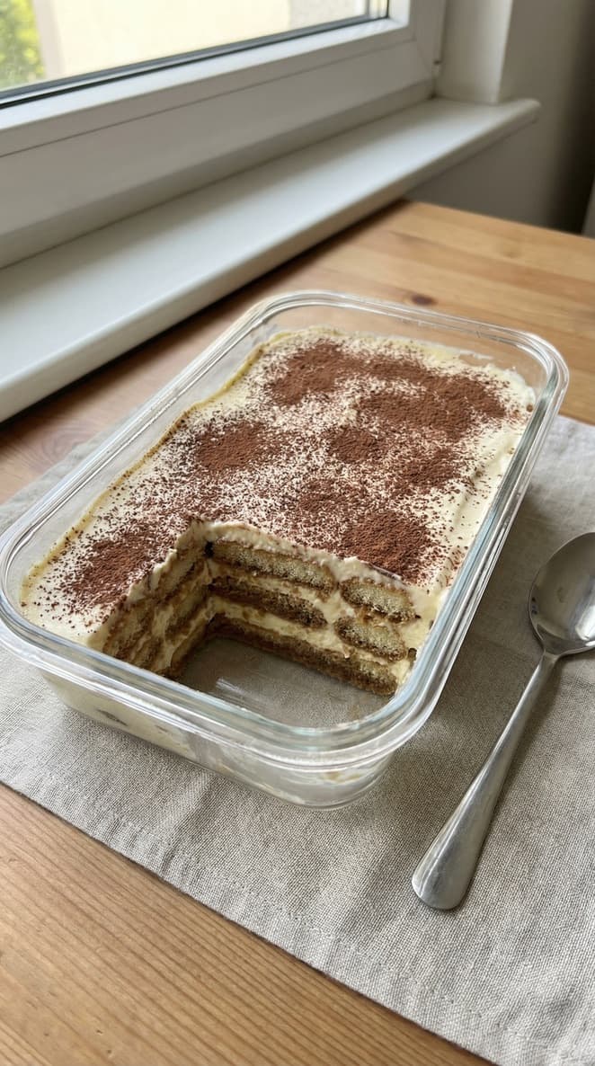 Tiramisu served in a glass with cocoa on top