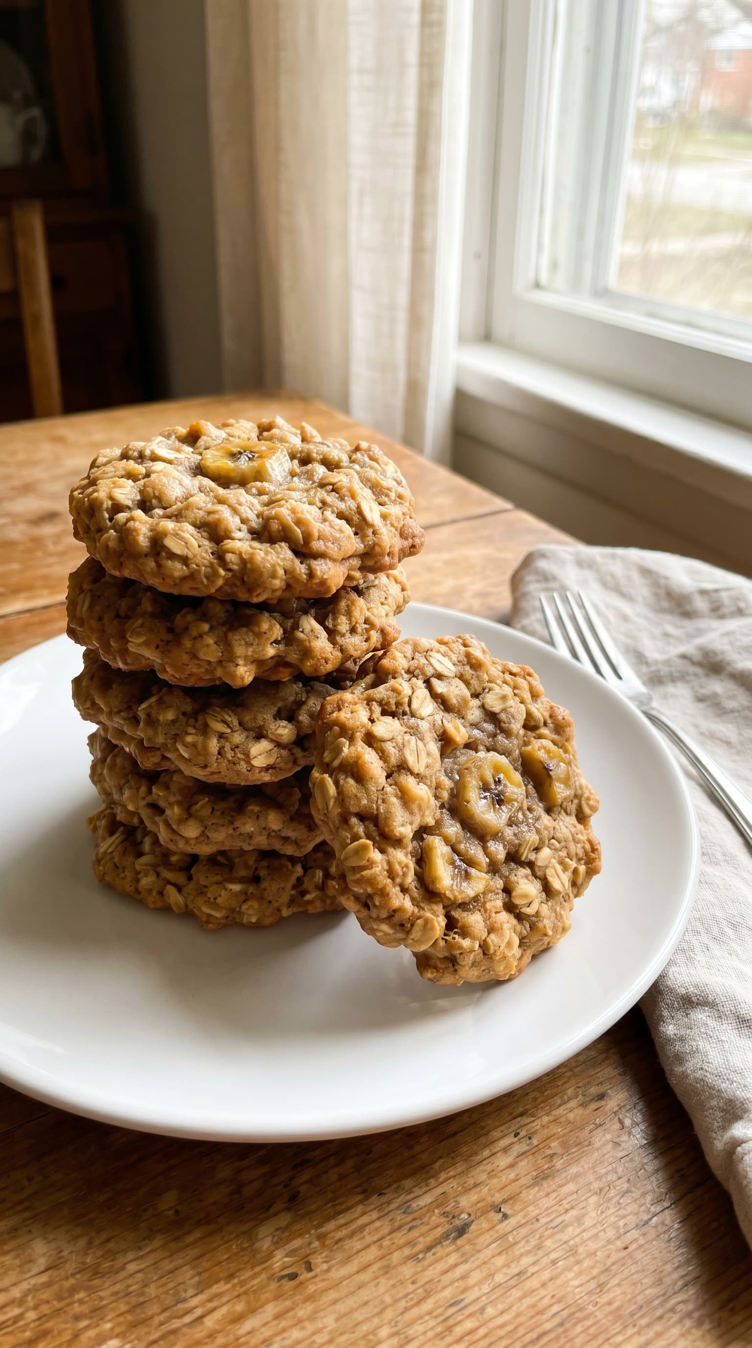 Stack of golden banana oat cookies with rolled oats and banana slices served on a white plate by a sunny window.