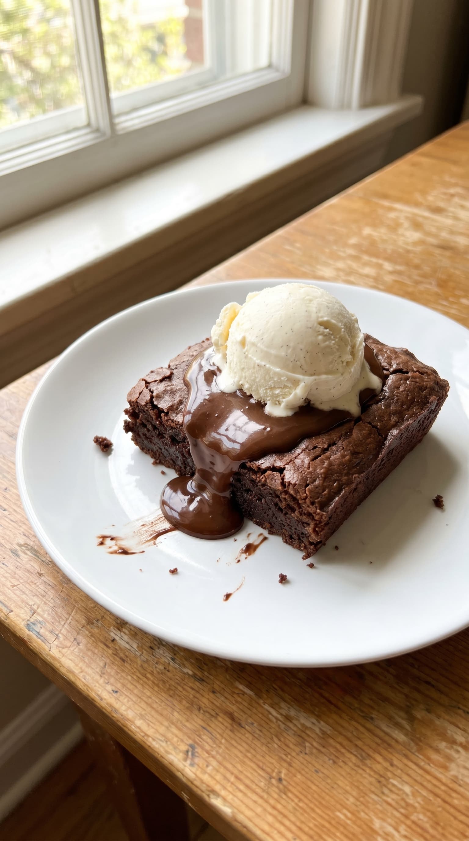 Warm chocolate brownie on a white plate topped with vanilla ice cream and melted chocolate sauce by a sunny window.