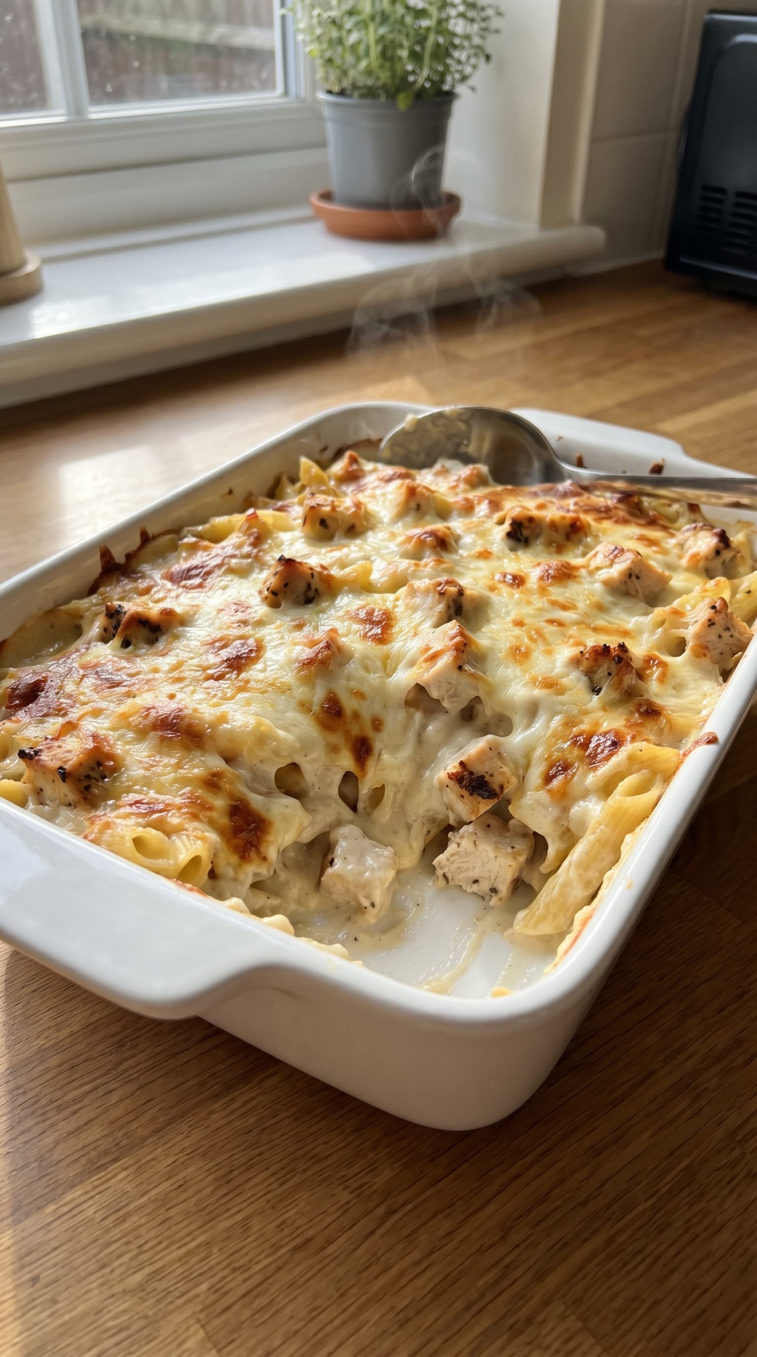 A hot creamy chicken Alfredo pasta bake in a white casserole dish with golden melted cheese and pieces of chicken on top.