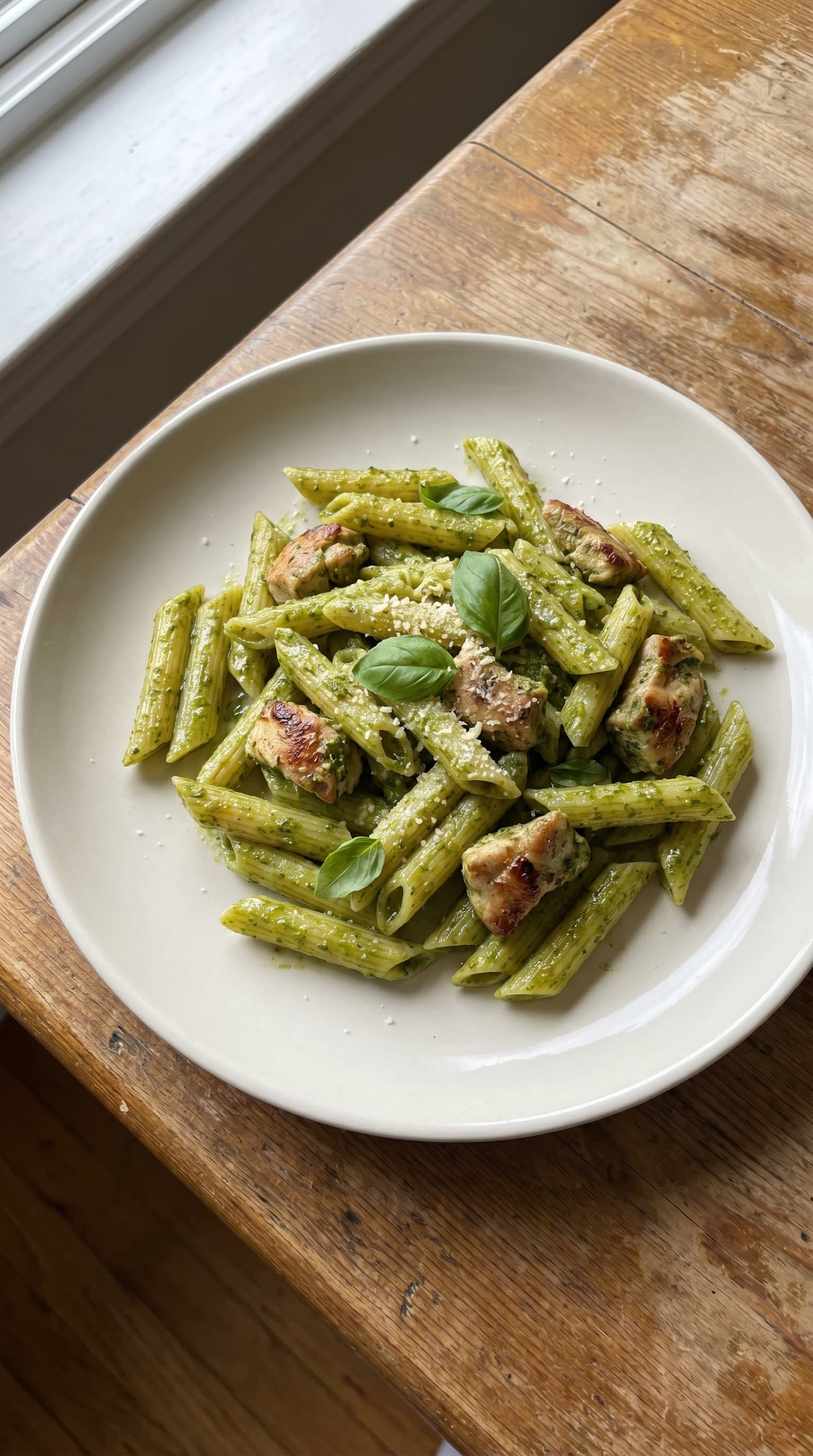 A plate of chicken pesto pasta coated in creamy green pesto sauce.