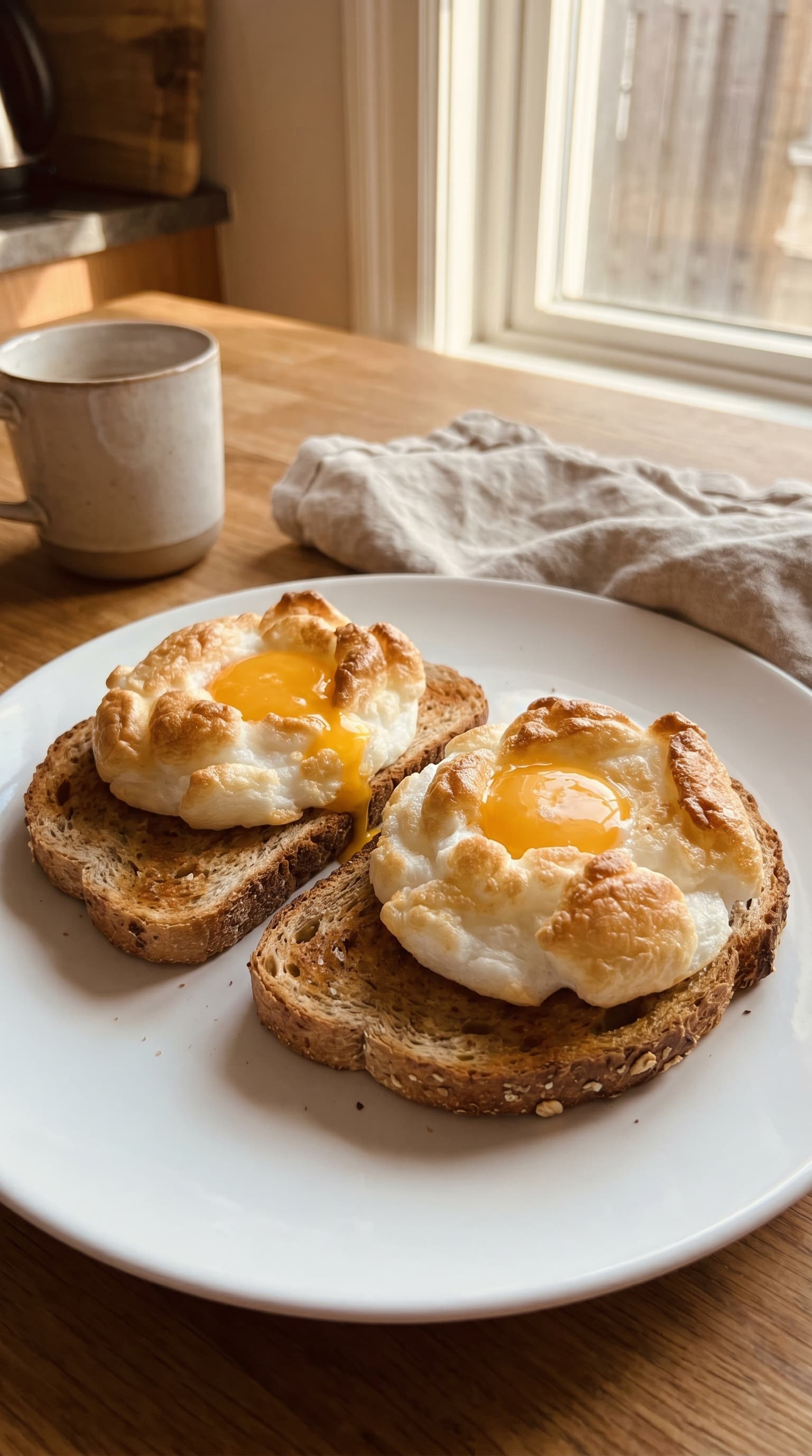 Golden cloud eggs with soft yolks served on toasted whole grain bread on a white plate by a sunny kitchen window.