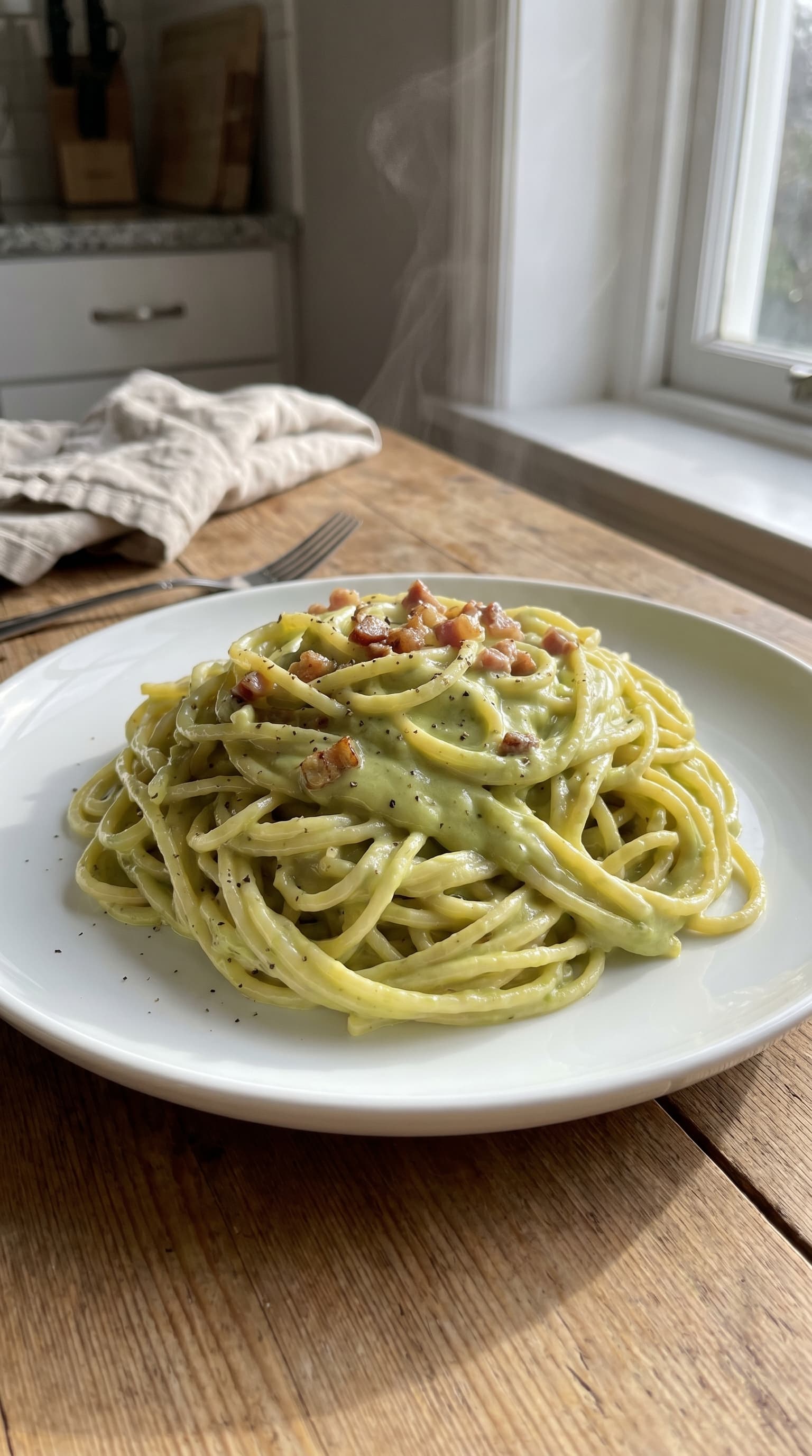 Creamy avocado carbonara pasta with spaghetti, crisp pancetta, and black pepper served warm on a white plate by a window.