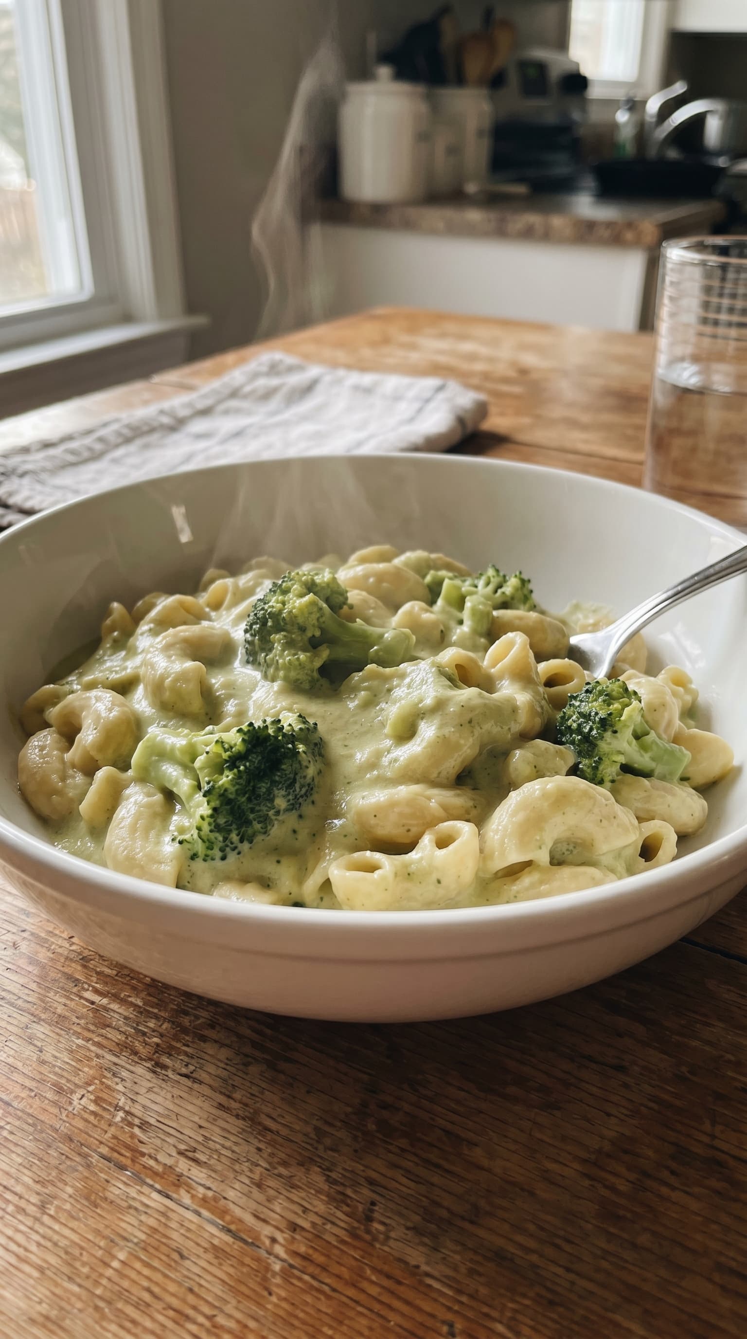 Creamy broccoli cashew pasta with shell pasta and broccoli florets served steaming in a white bowl on a wooden table.