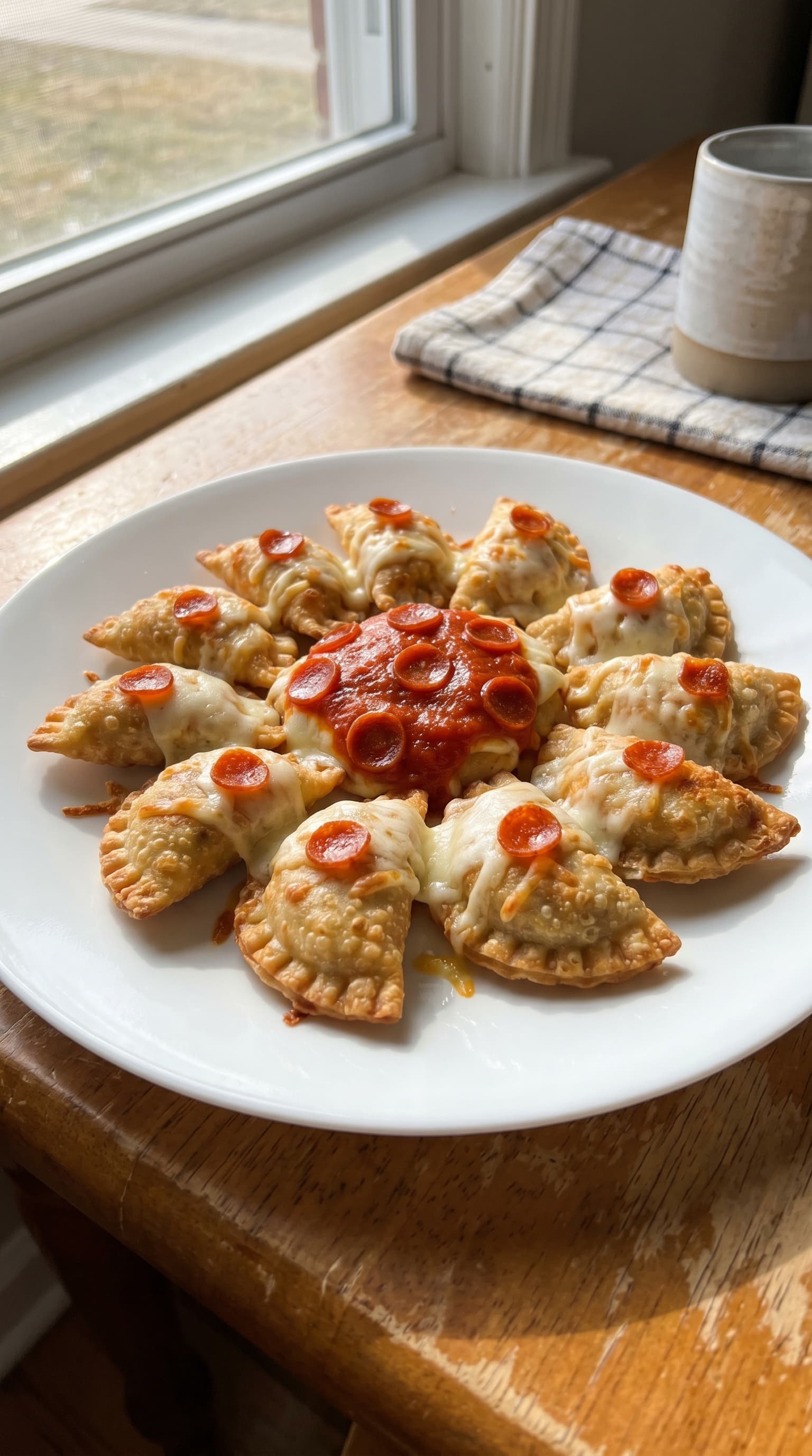 Crispy dumpling pizza bites arranged on a white plate with melted cheese, mini pepperoni slices, and marinara sauce in the center.