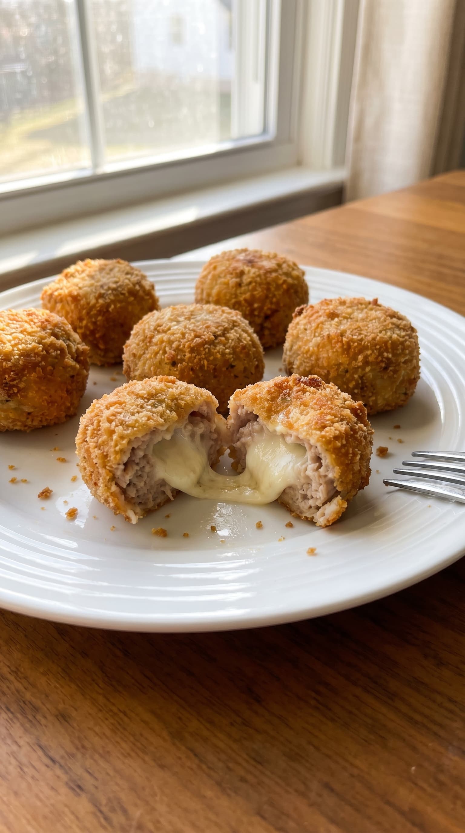 Golden crispy turkey bites stuffed with melted mozzarella served on a white plate by a sunny window.