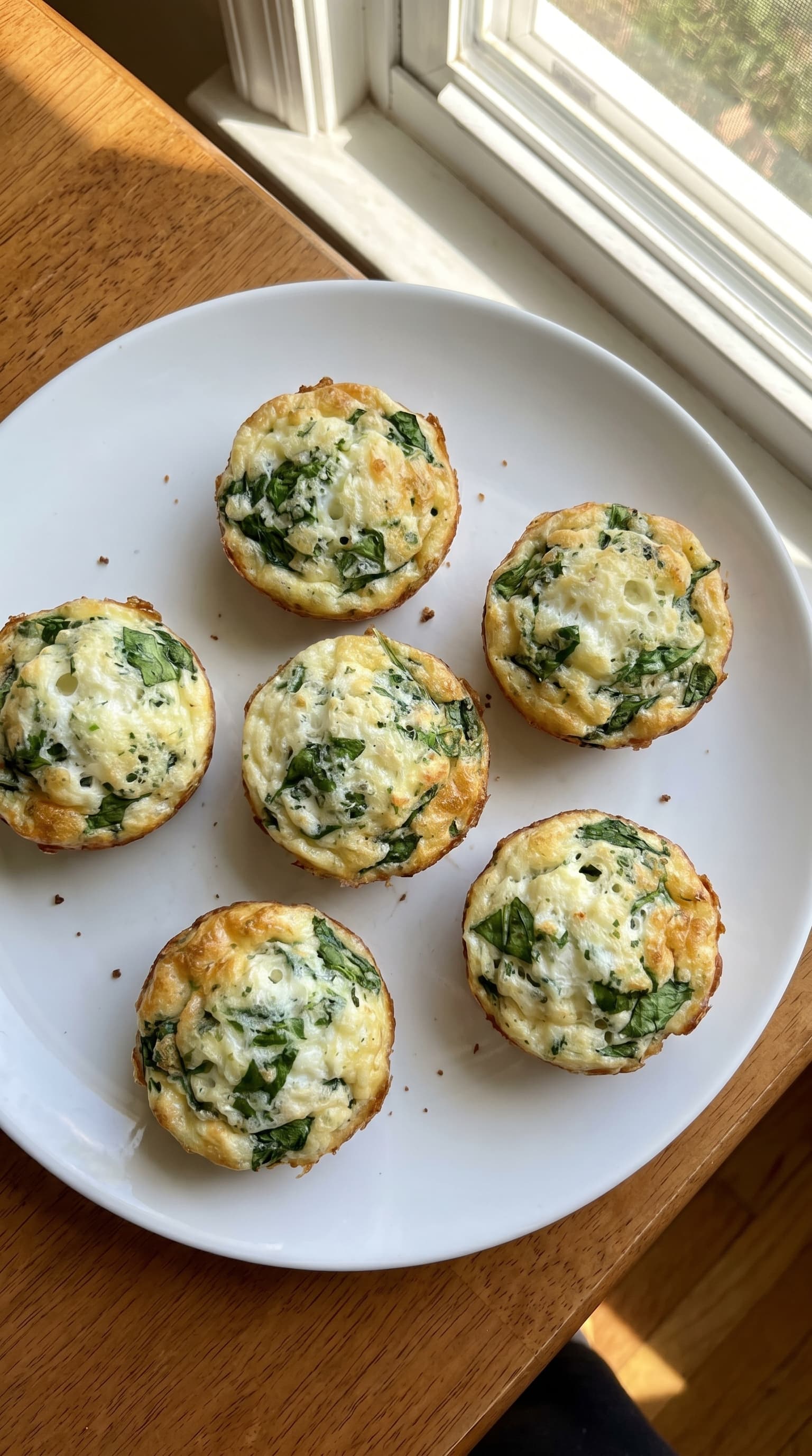 Fluffy egg white spinach muffins with golden edges served on a white plate beside a sunny window.
