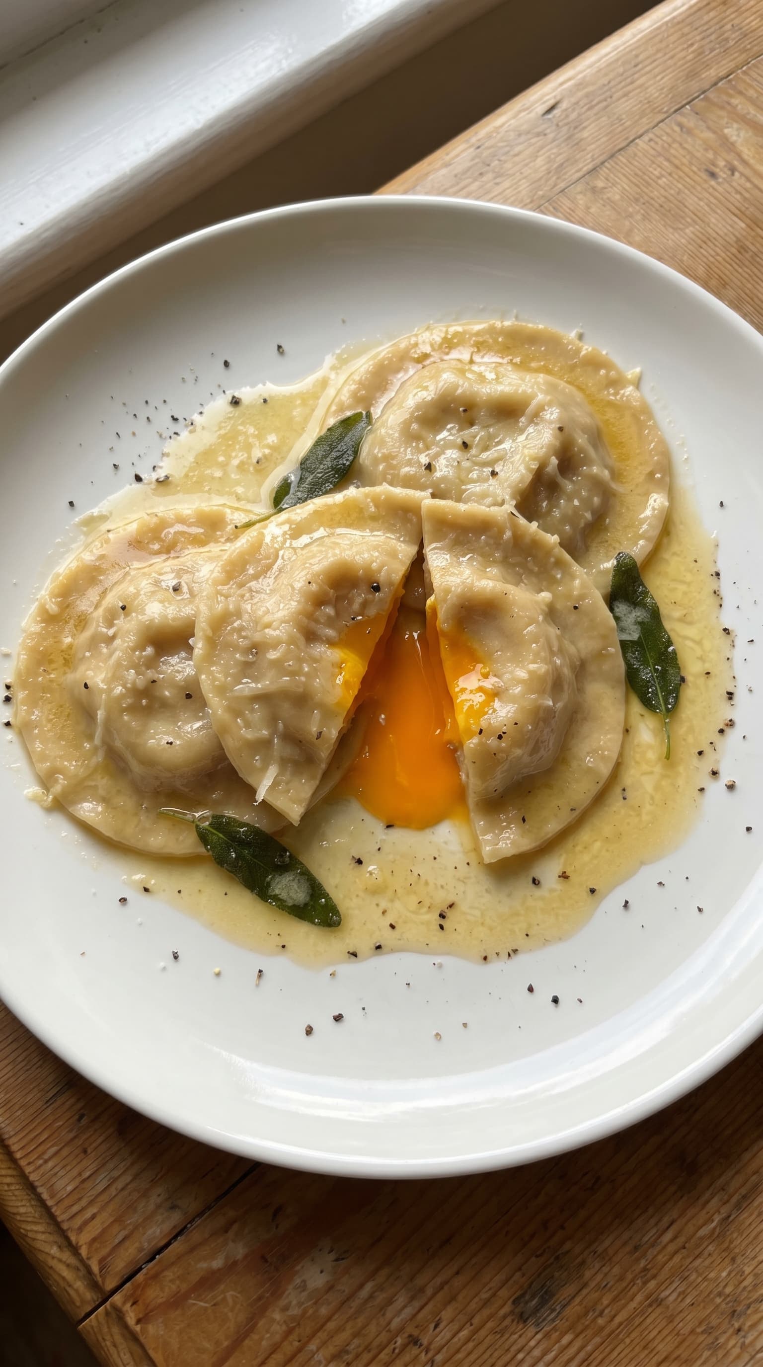 Homemade egg yolk ravioli served with butter, sage and a soft runny yolk center on a white plate.