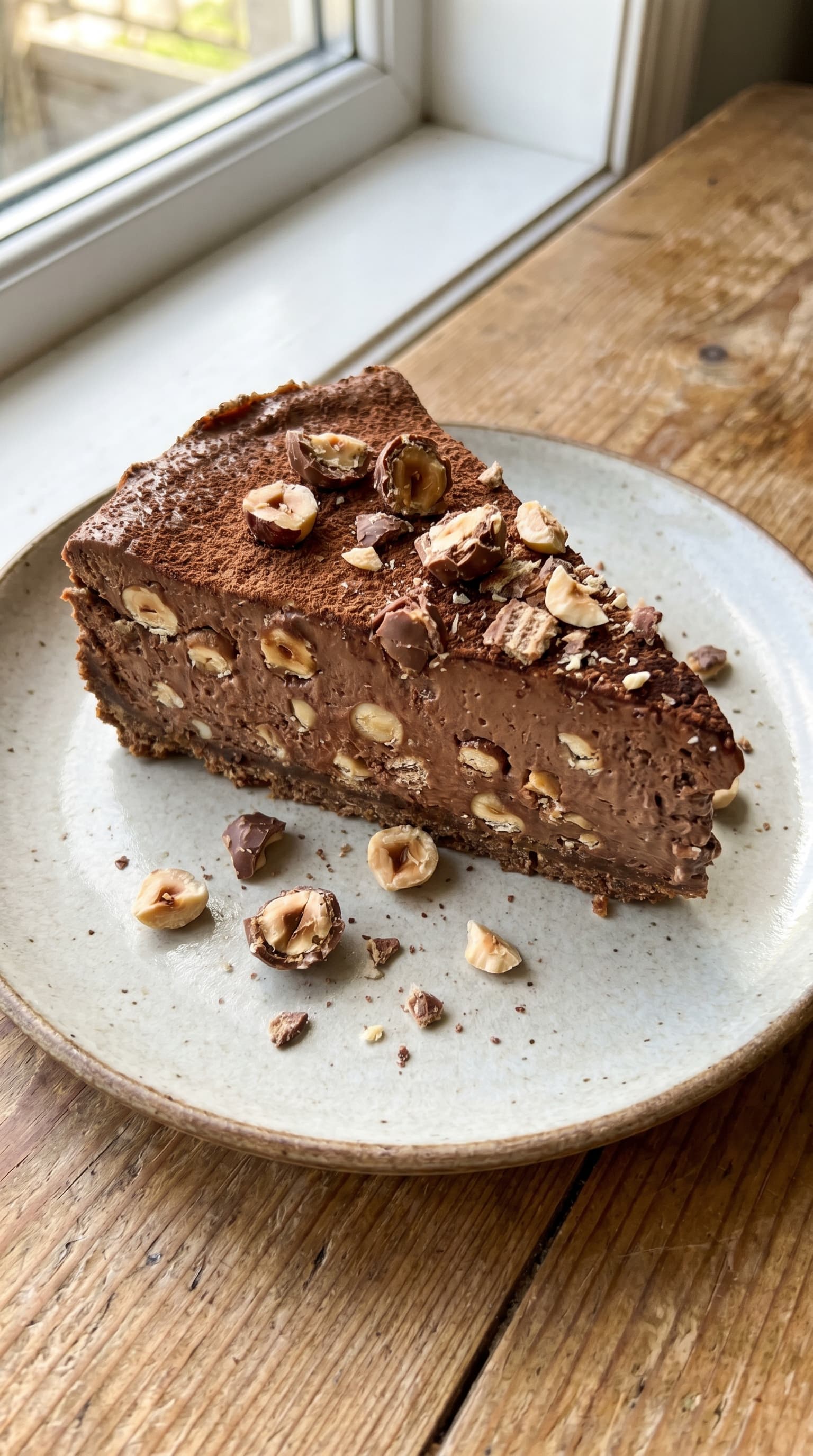 A slice of Ferrero chocolate cheesecake topped with cocoa and chopped hazelnuts on a plate.
