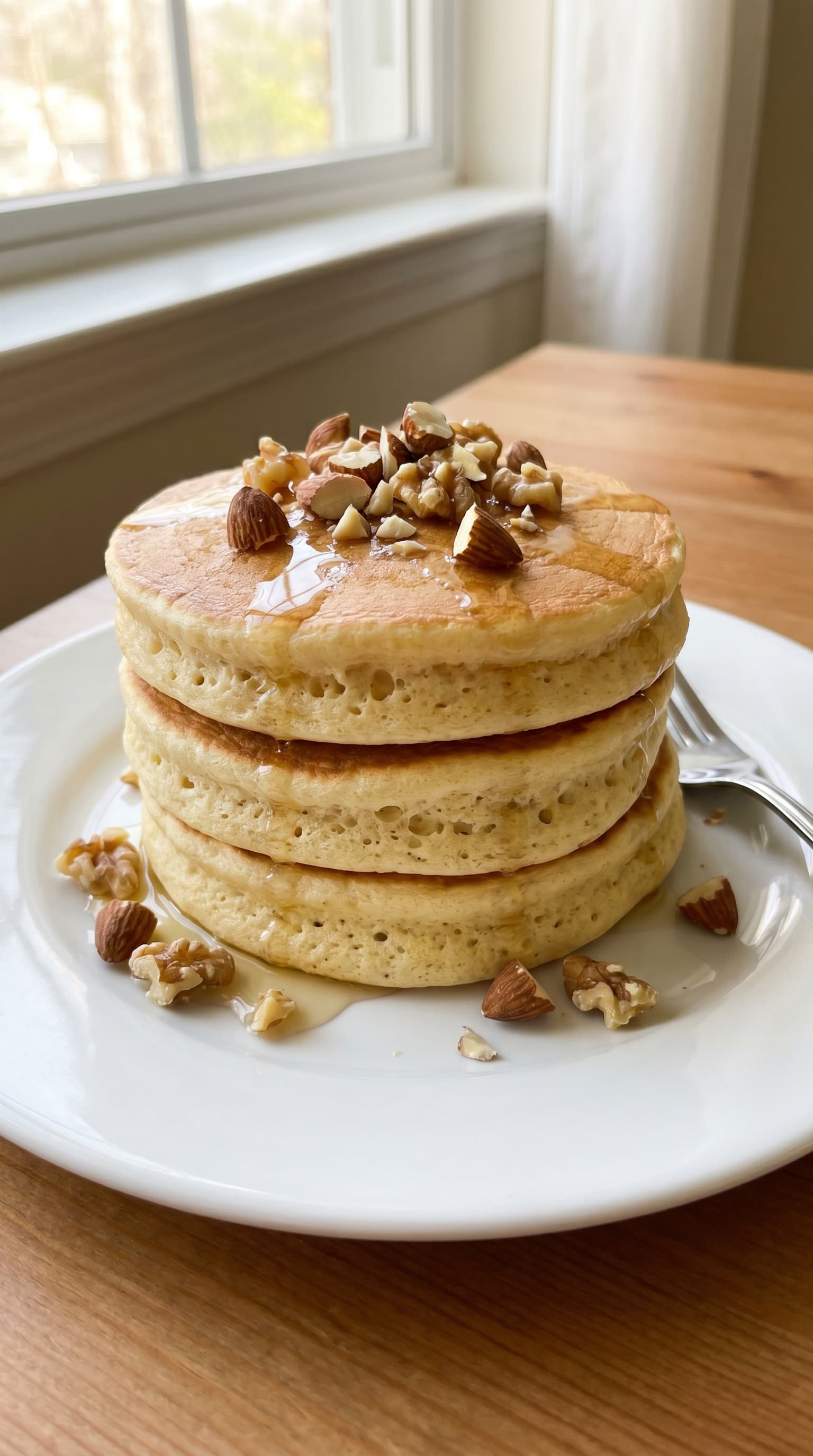 Stack of tall fluffy Japanese pancakes topped with honey, chopped almonds, and walnuts on a white plate by a sunny window.