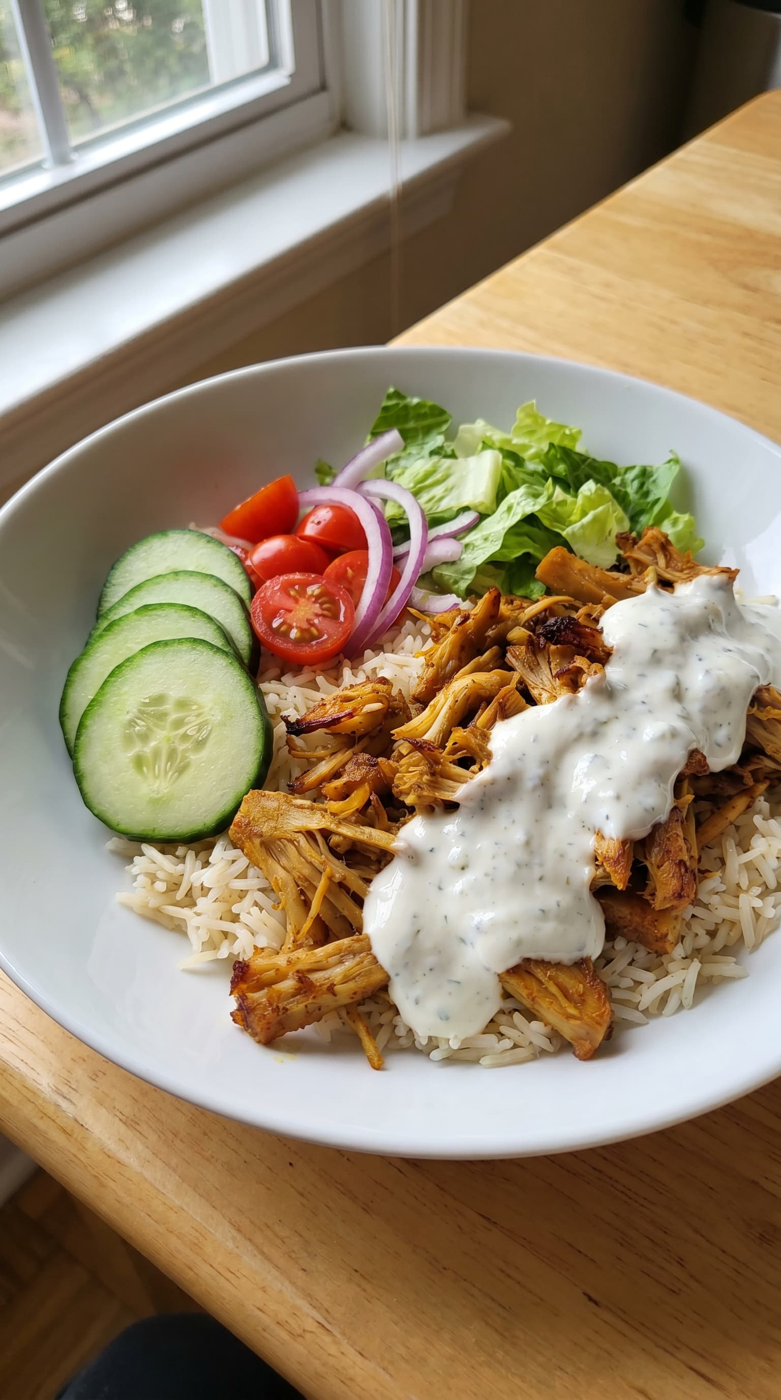A white bowl filled with rice, shawarma-spiced jackfruit, cucumber slices, cherry tomatoes, red onion, lettuce, and creamy garlic sauce.