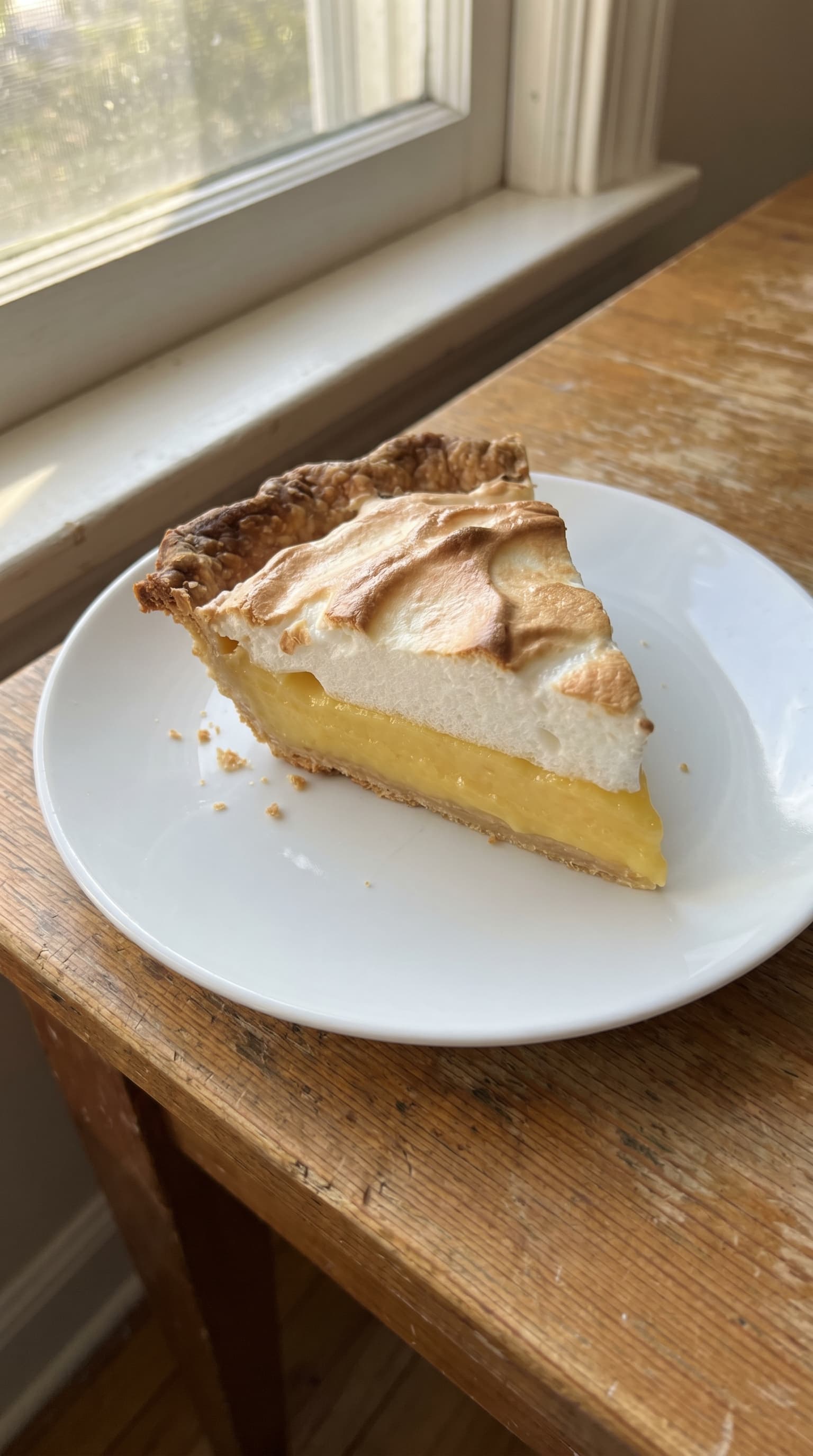 Slice of lemon meringue pie with golden toasted meringue, bright lemon filling, and flaky crust served on a white plate by a sunny window.