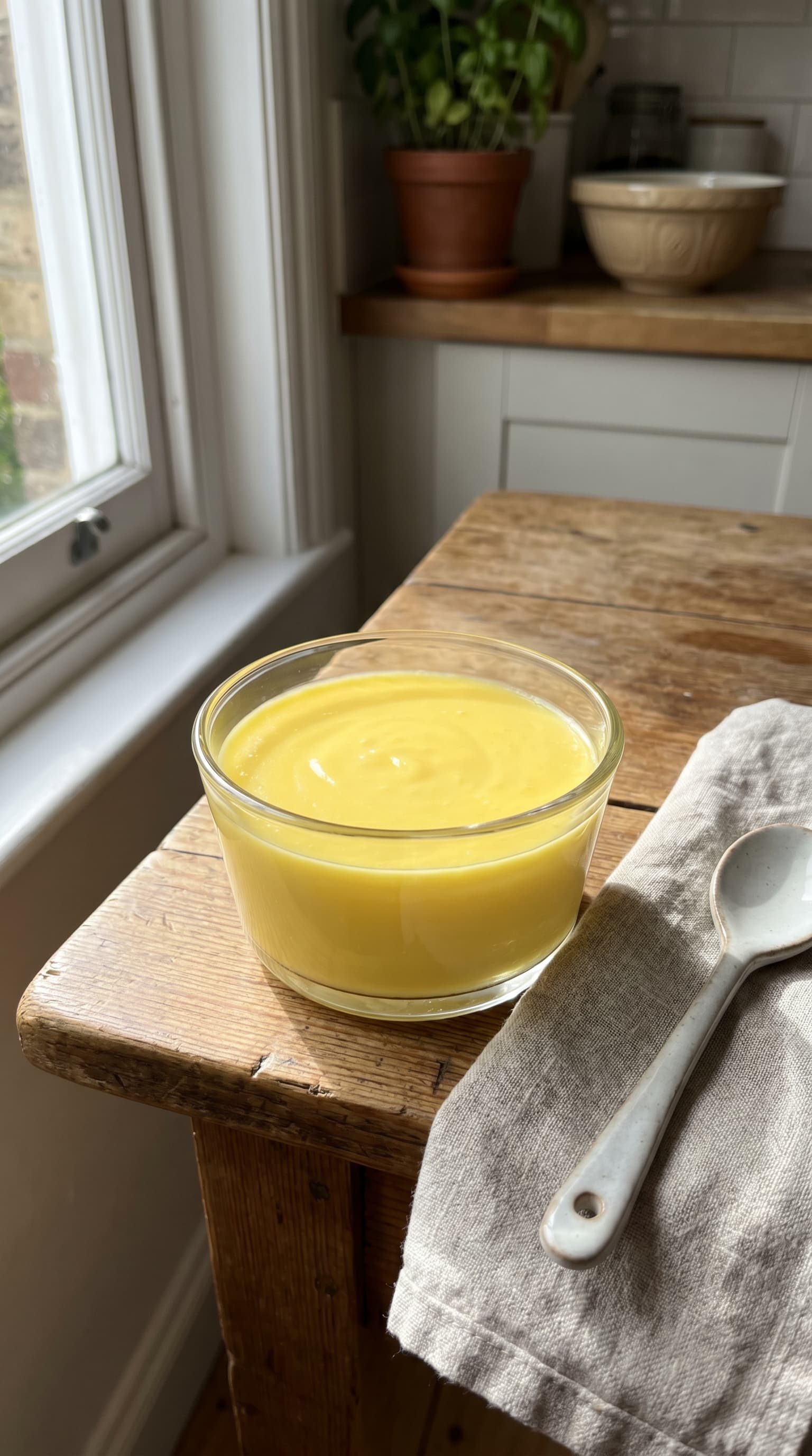 Silky yellow lemon posset served in a clear glass bowl with a ceramic spoon and linen napkin by a kitchen window.
