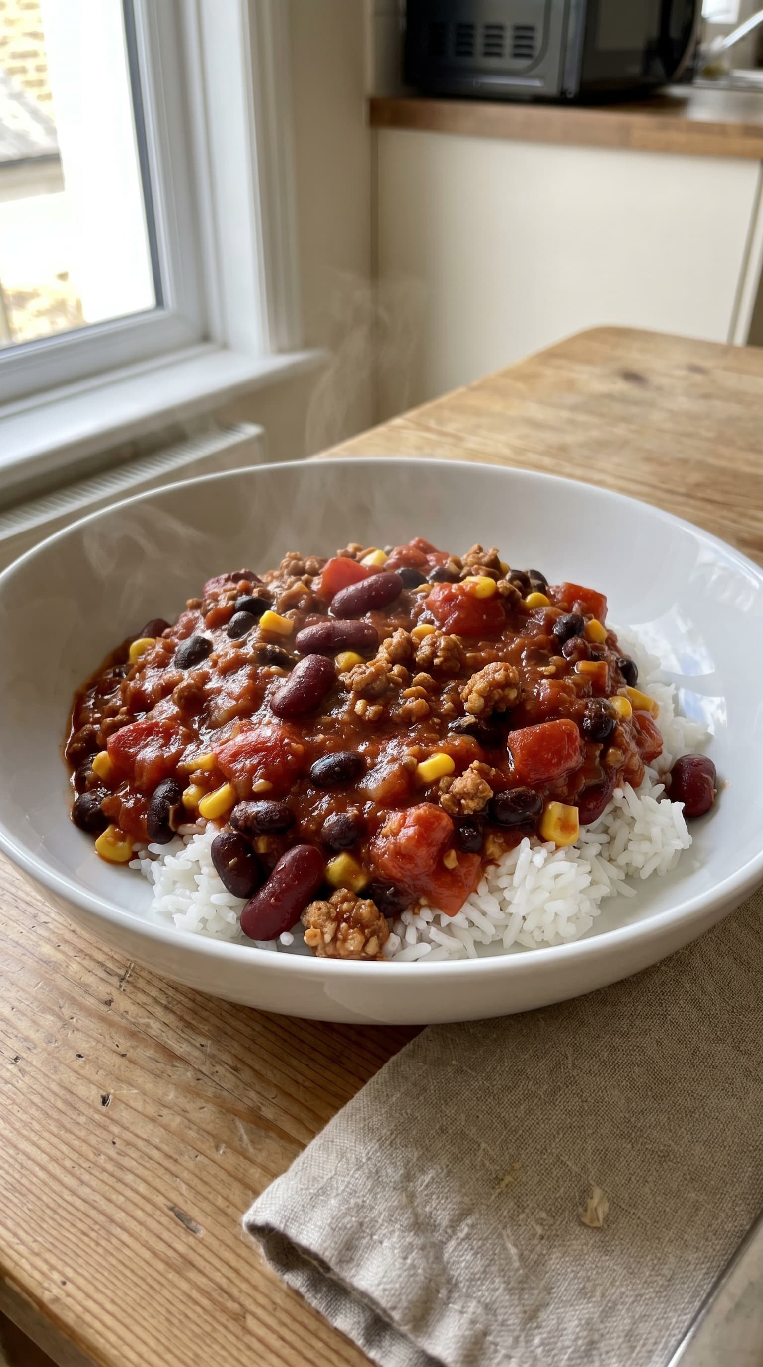 Loaded chili rice bowl with ground turkey, kidney beans, black beans, corn, tomatoes, and white rice served steaming in a white bowl by a window.