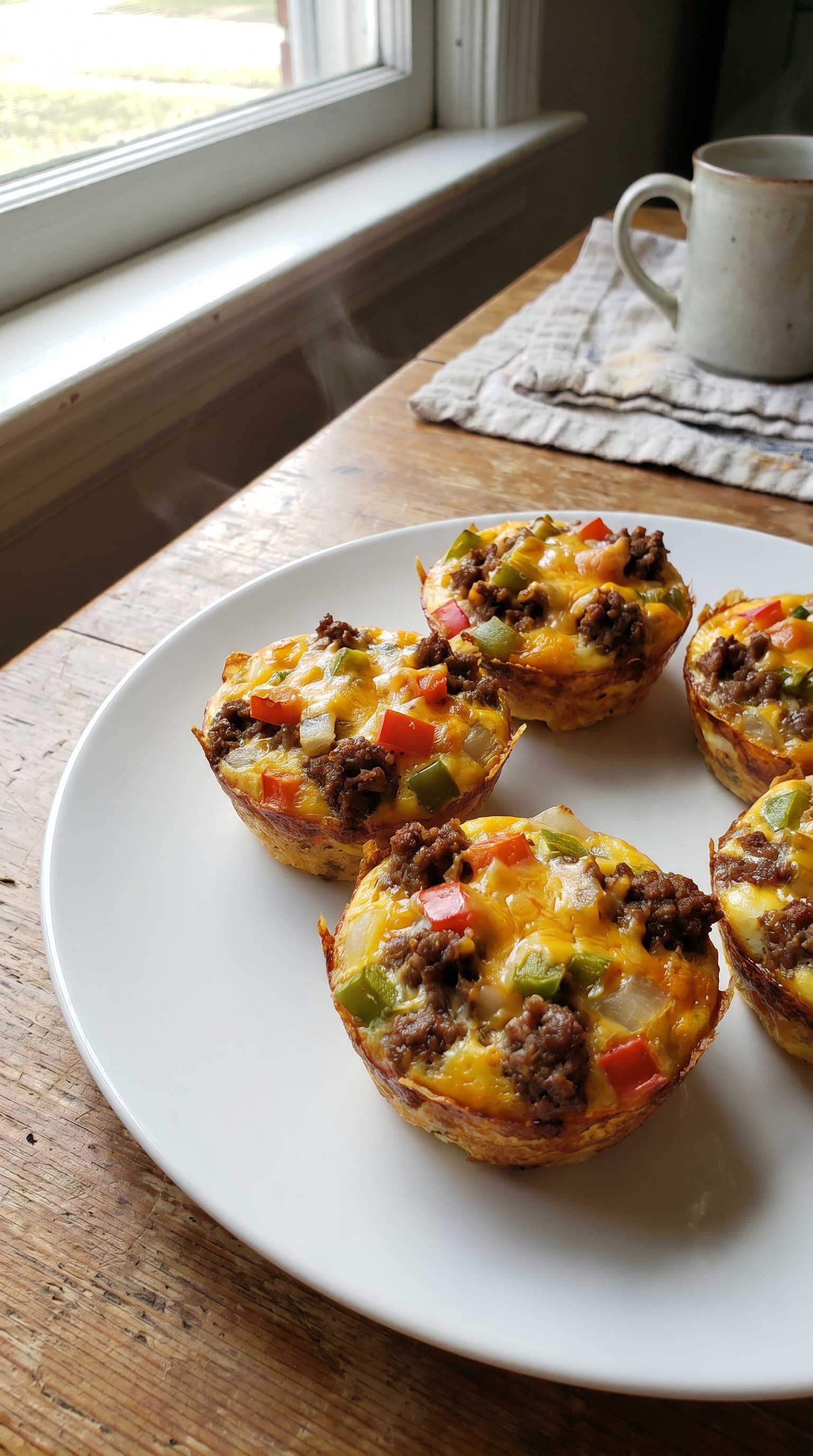 Loaded taco egg cups with seasoned beef, cheddar cheese, peppers, and onions served on a white plate by a sunny window.