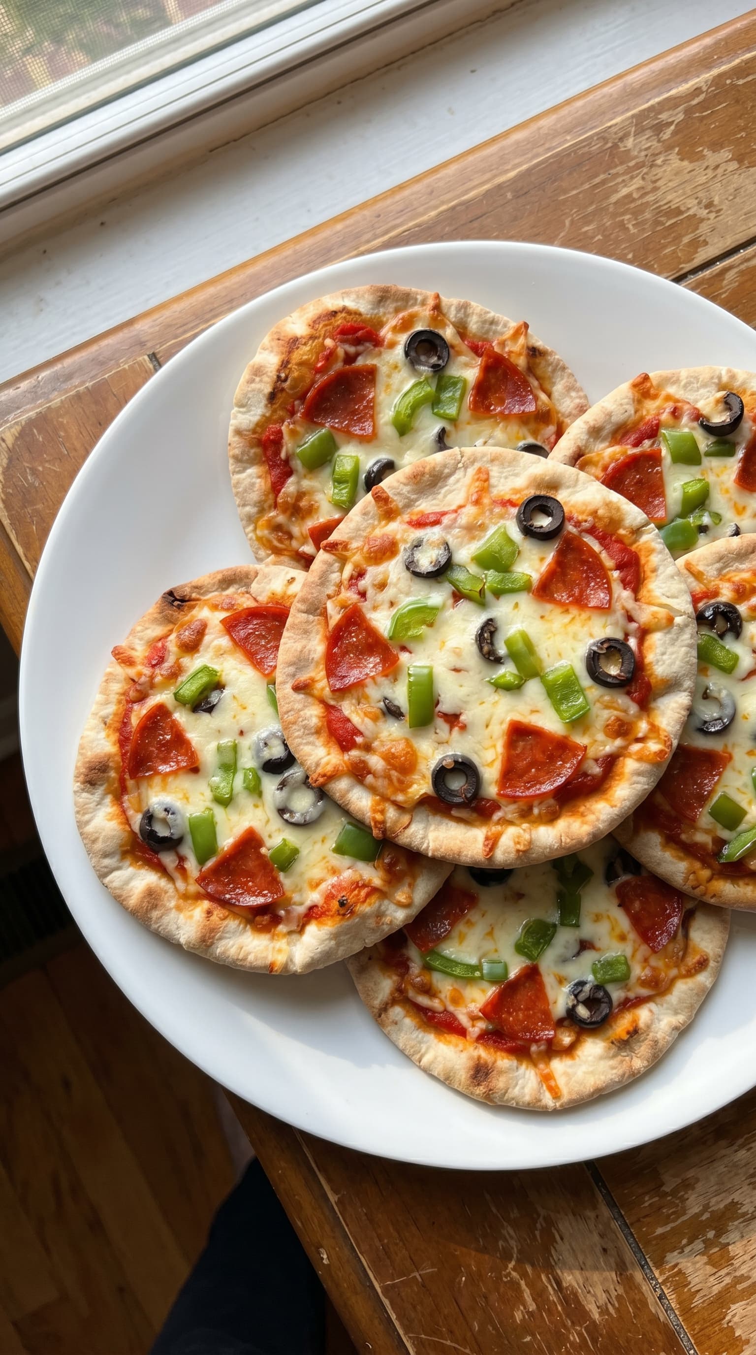Mini pita pizzas on a white plate topped with melted cheese, pepperoni, green bell pepper, and sliced black olives.