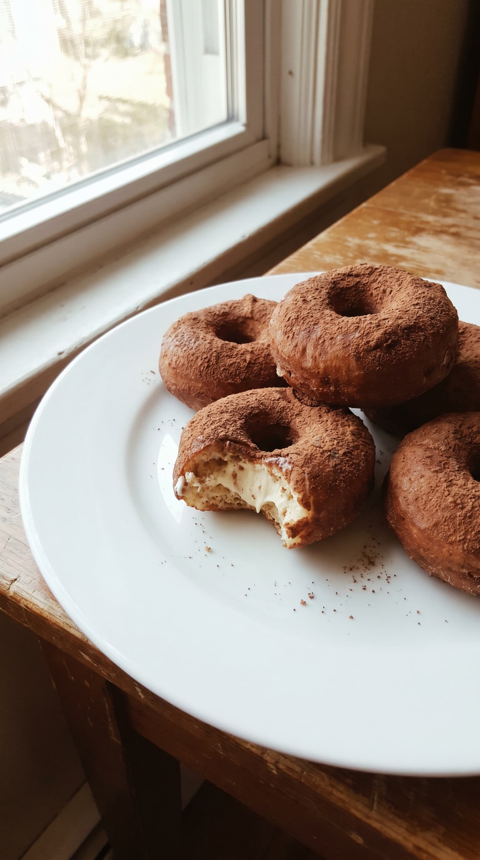 Mini tiramisu donuts on a white plate, dusted with cocoa powder and filled with creamy mascarpone filling, with one donut bitten open to show the soft center.