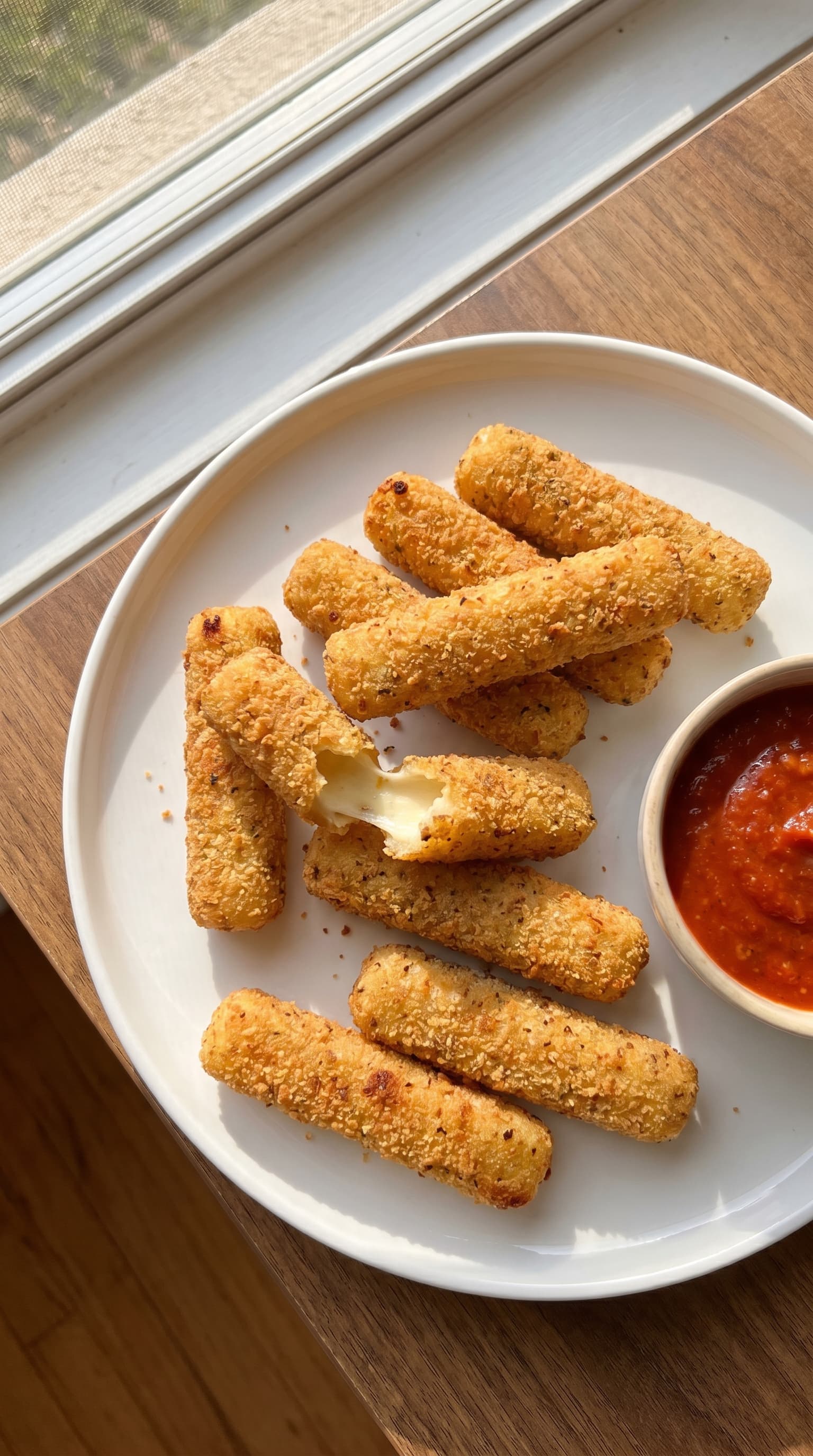 Golden crispy mozzarella sticks on a white plate with marinara sauce beside a sunny window.
