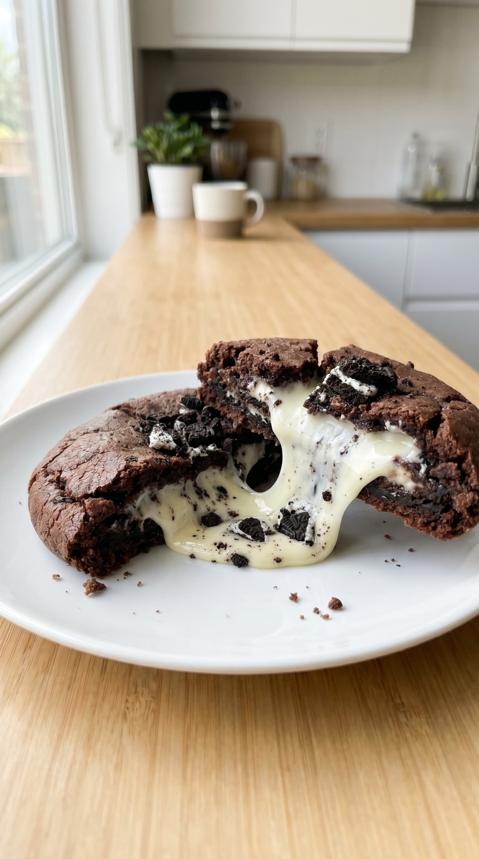 A large Oreo lava cookie broken open on a white plate with a gooey vanilla cream center and crushed Oreo pieces on top.