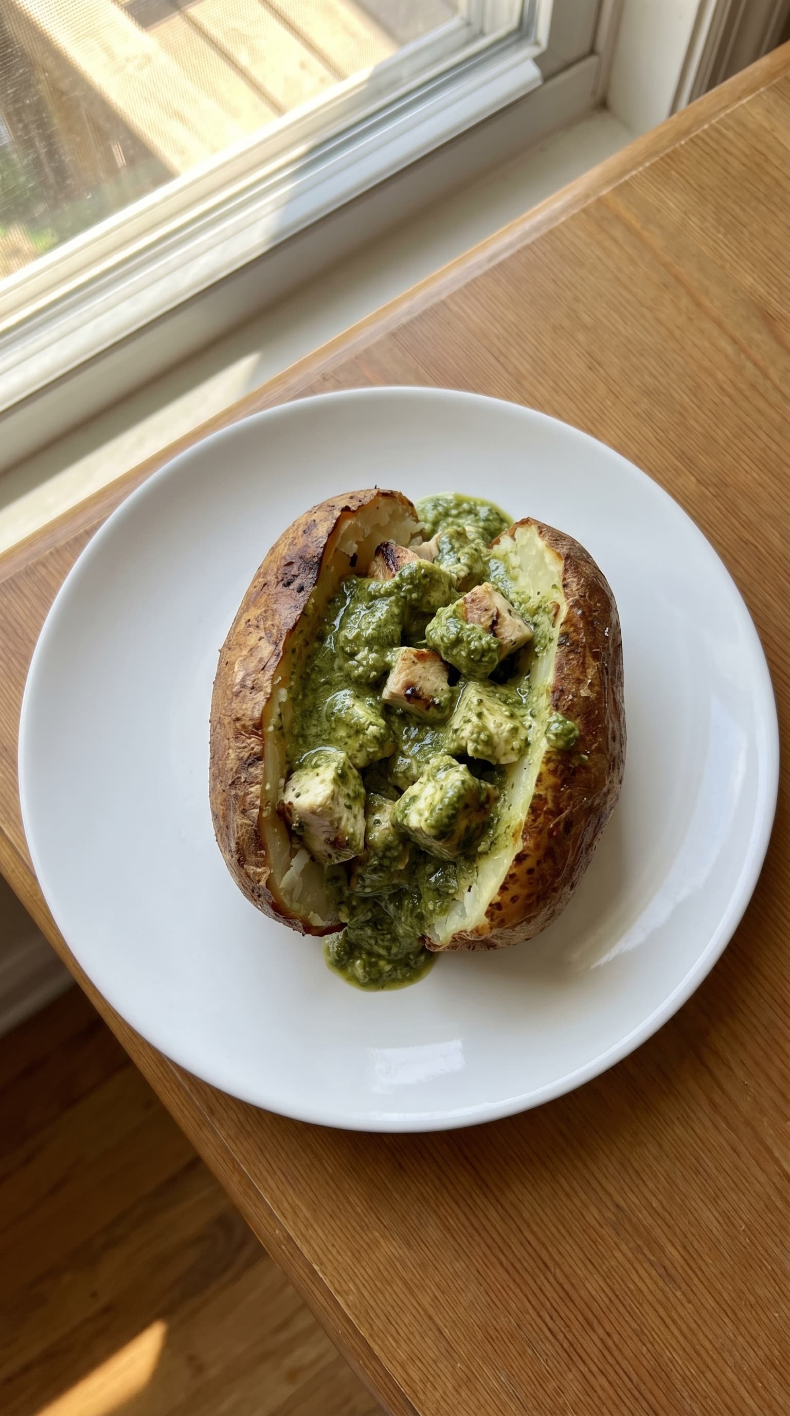 A baked potato filled with chicken and creamy pesto sauce on a white plate.