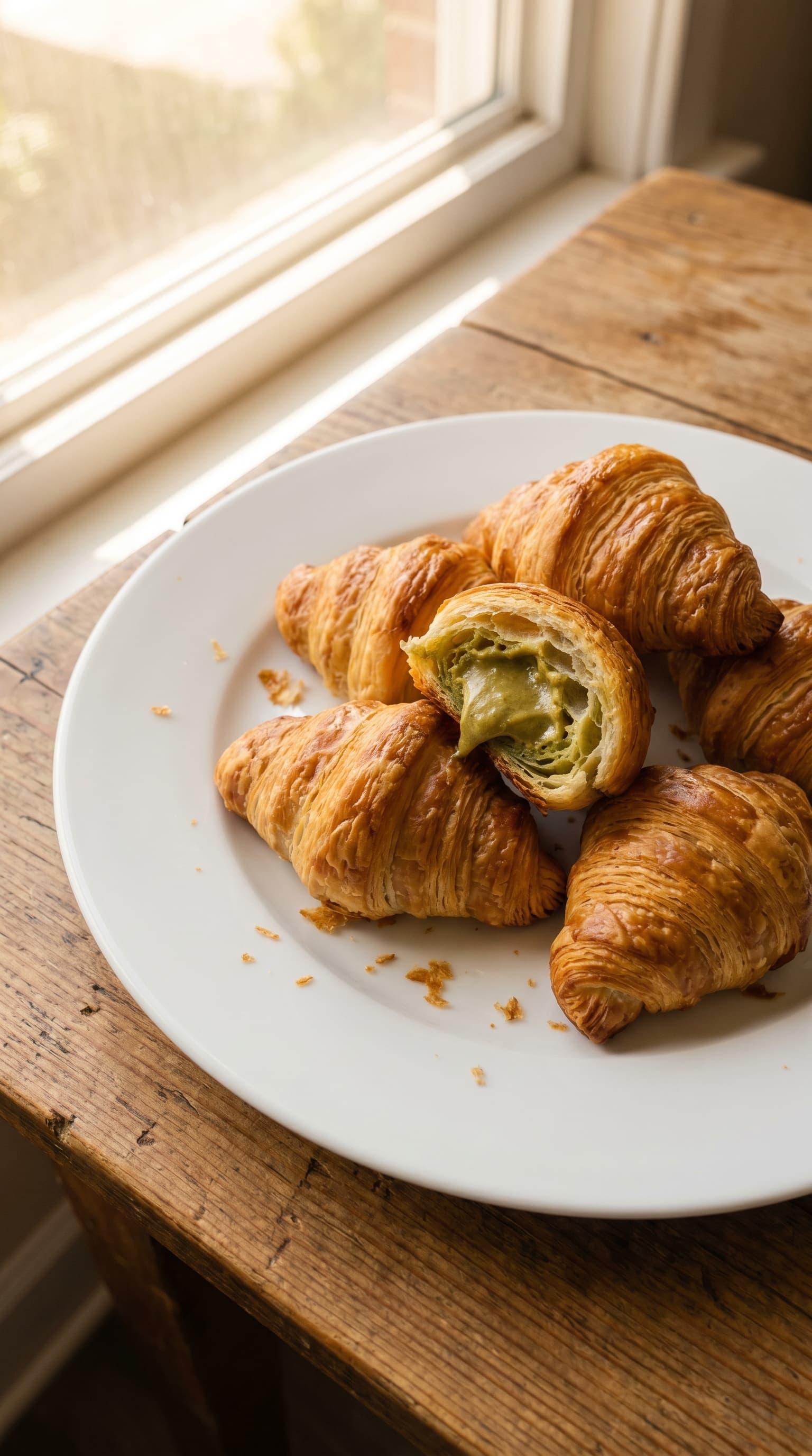 Golden homemade croissants on a white plate with one croissant cut open to show a smooth green pistachio cream filling.