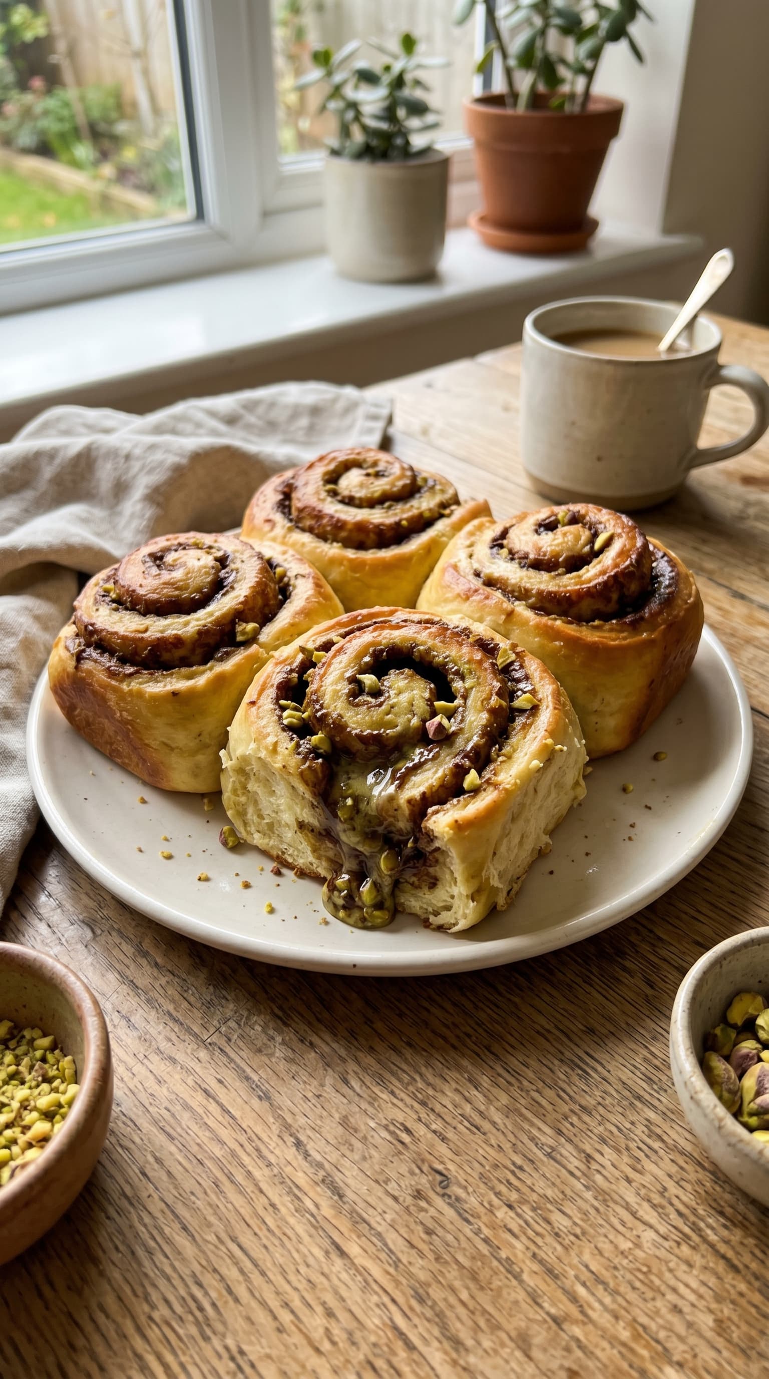 Soft golden pistachio Nutella rolls on a white plate with visible chocolate hazelnut swirls, chopped pistachios, and a glossy filling.