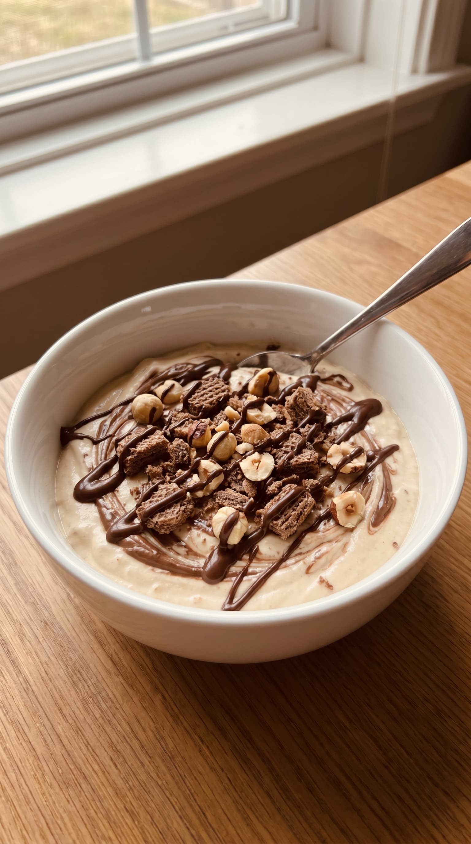 A white bowl filled with creamy protein cheesecake topped with chocolate hazelnut drizzle, chopped hazelnuts, and crushed wafer pieces.