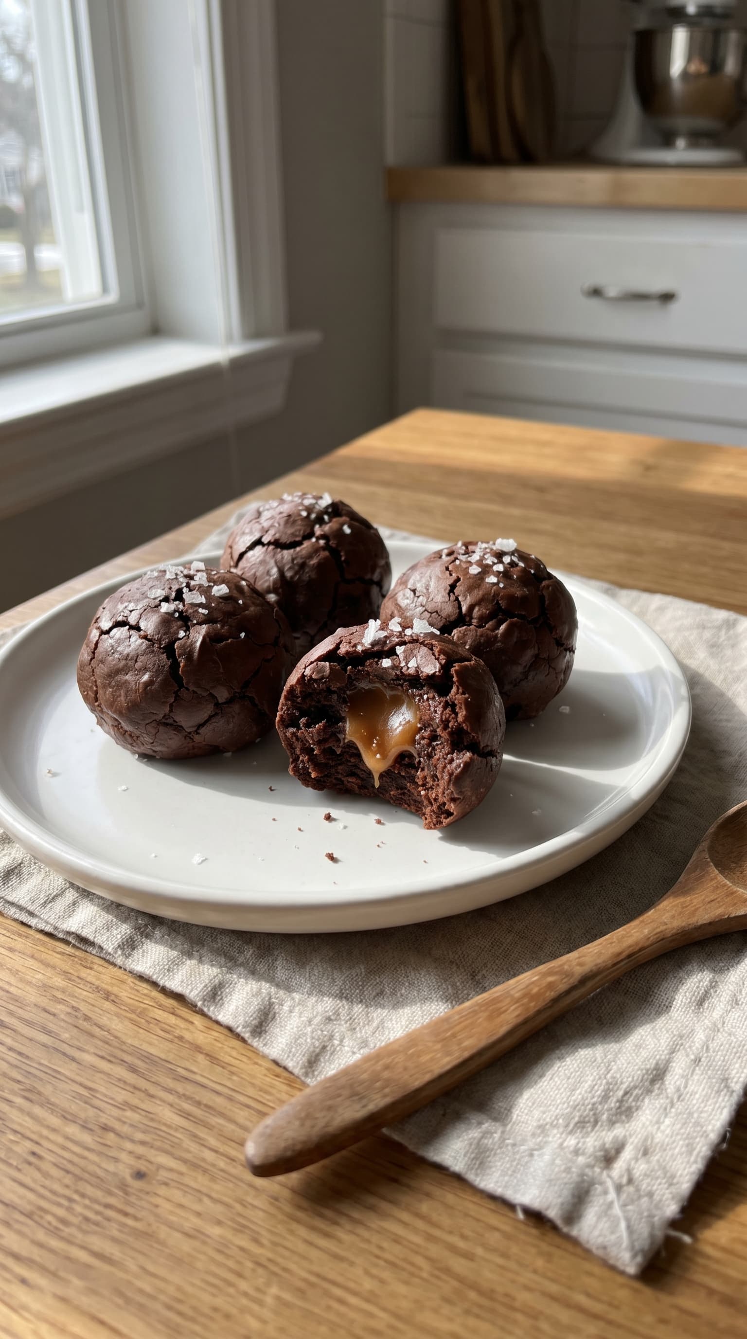 Salted caramel brownie bombs on a white plate with crackly chocolate tops, flaky sea salt, and one bitten open to reveal a gooey caramel center.