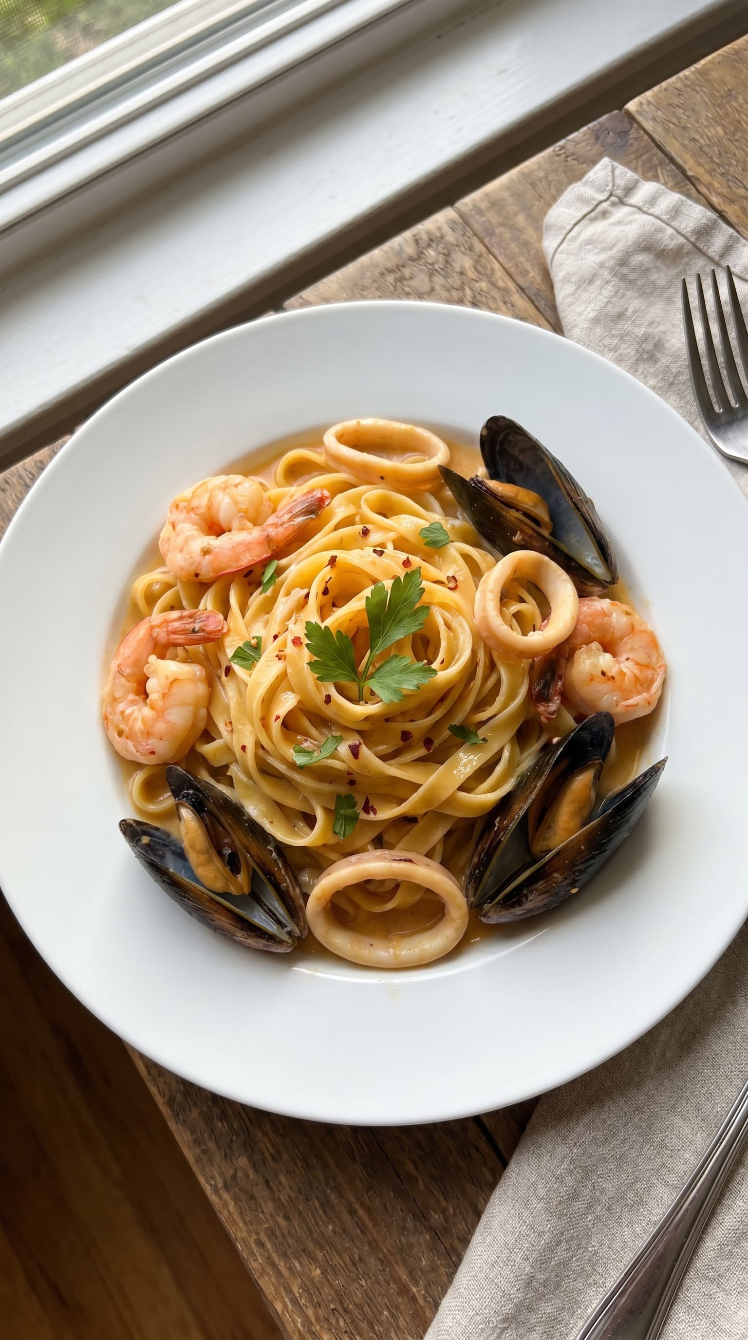 A plate of seafood tagliatelle with shrimp, mussels and calamari in a light sauce.