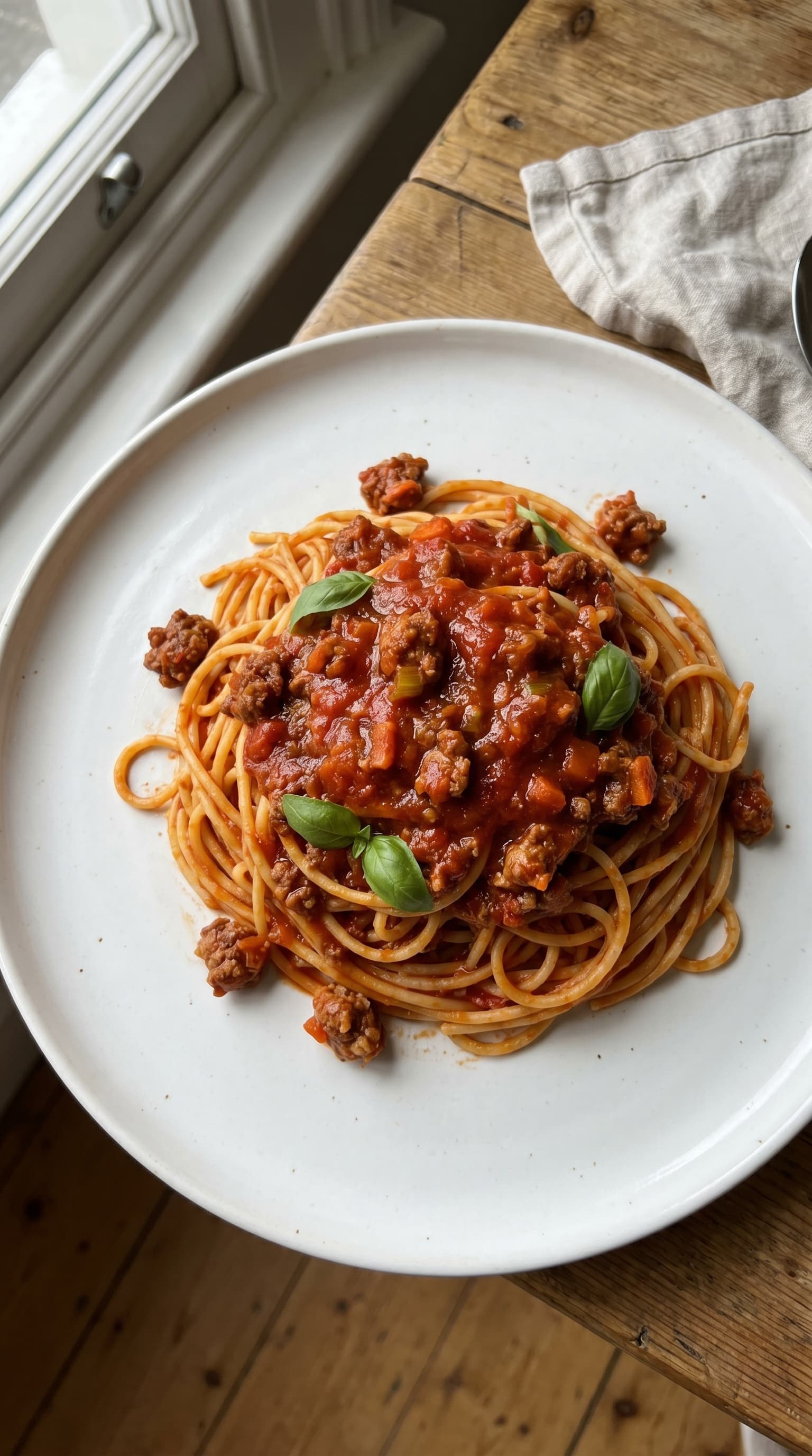 A plate of spaghetti bolognese topped with rich meat sauce and fresh basil.