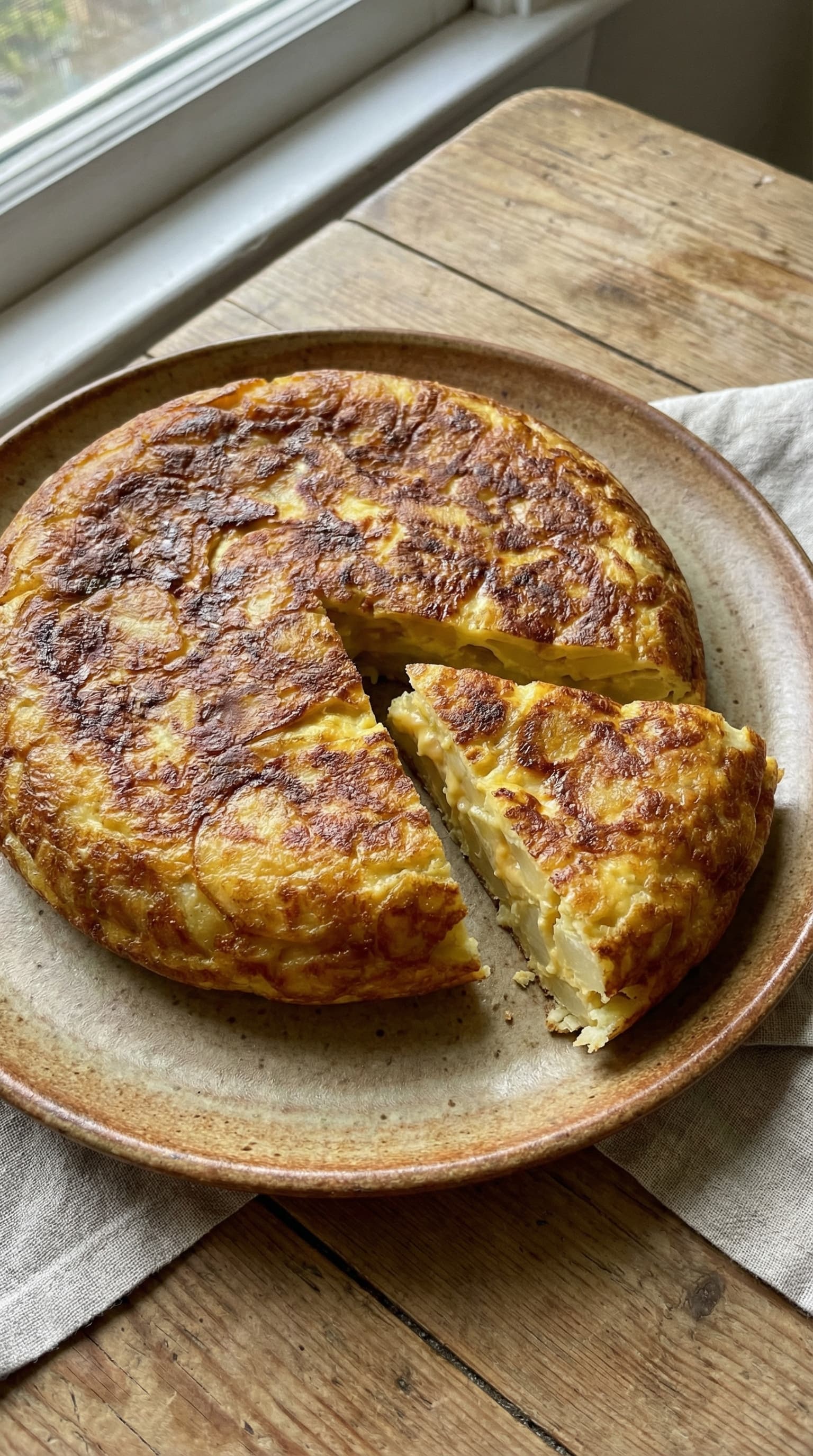 A golden Spanish tortilla sliced on a plate.