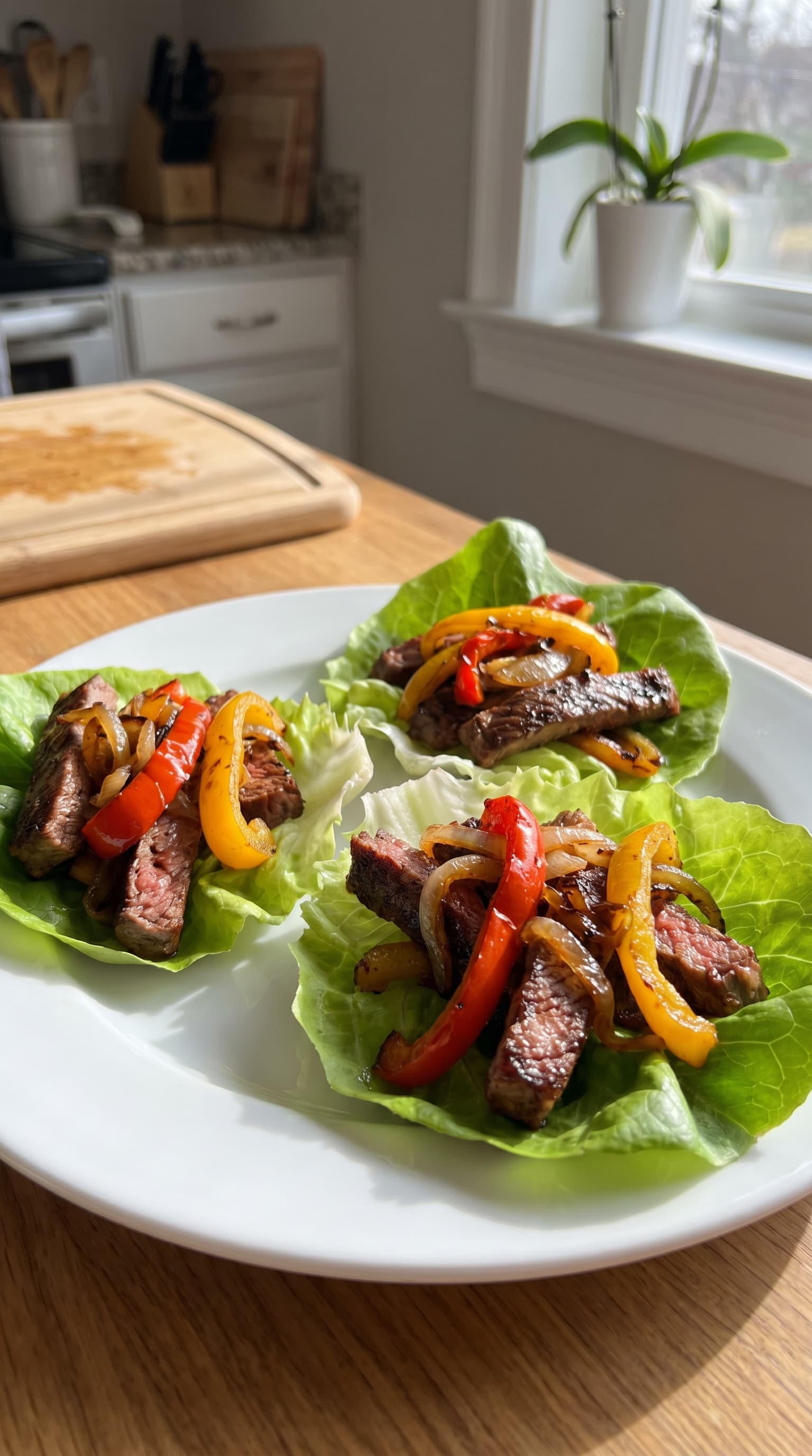 Steak fajita lettuce wraps on a white plate with grilled beef strips, red and yellow peppers, and sautéed onions in crisp green lettuce leaves.
