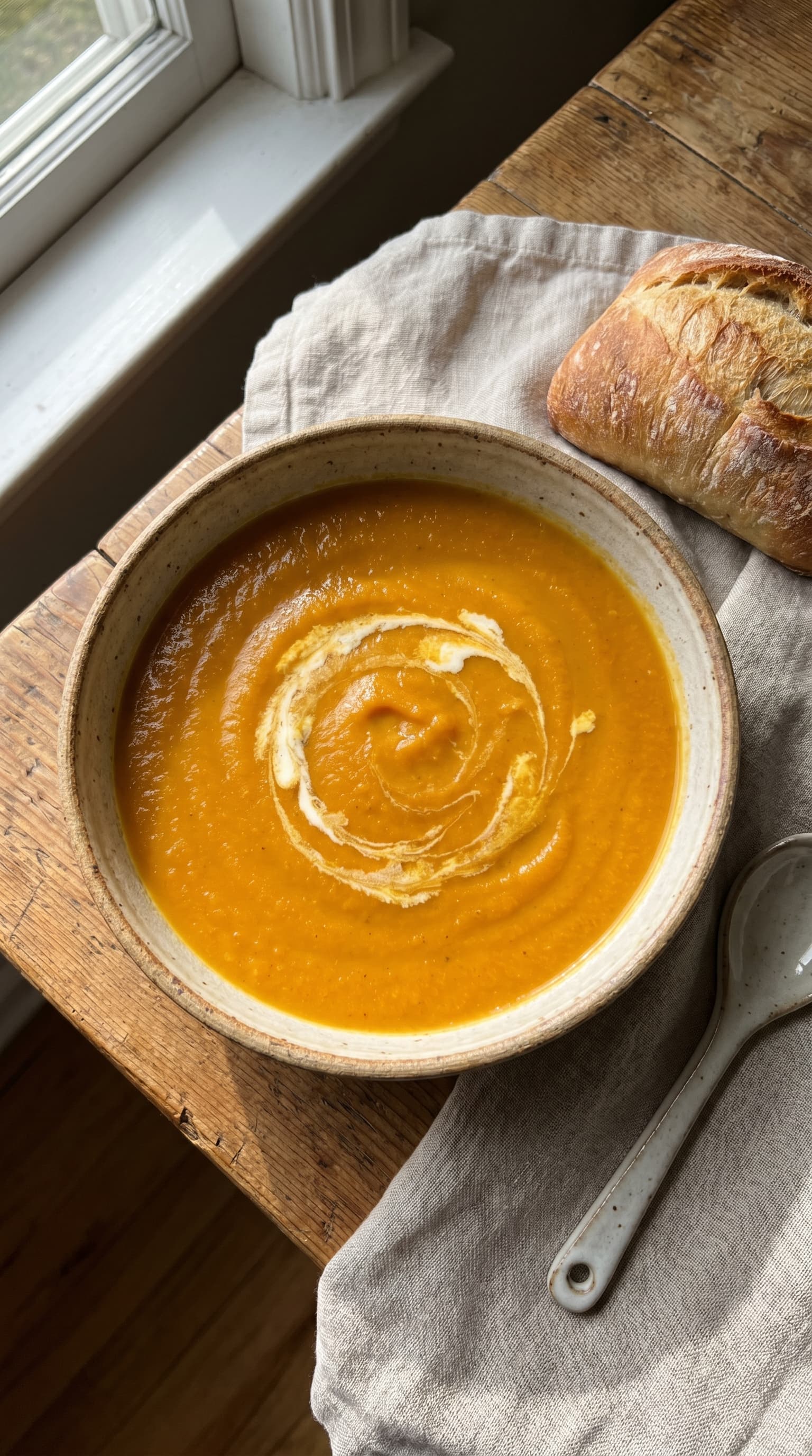 A bowl of creamy sweet potato soup topped with a swirl of cream and served with bread.
