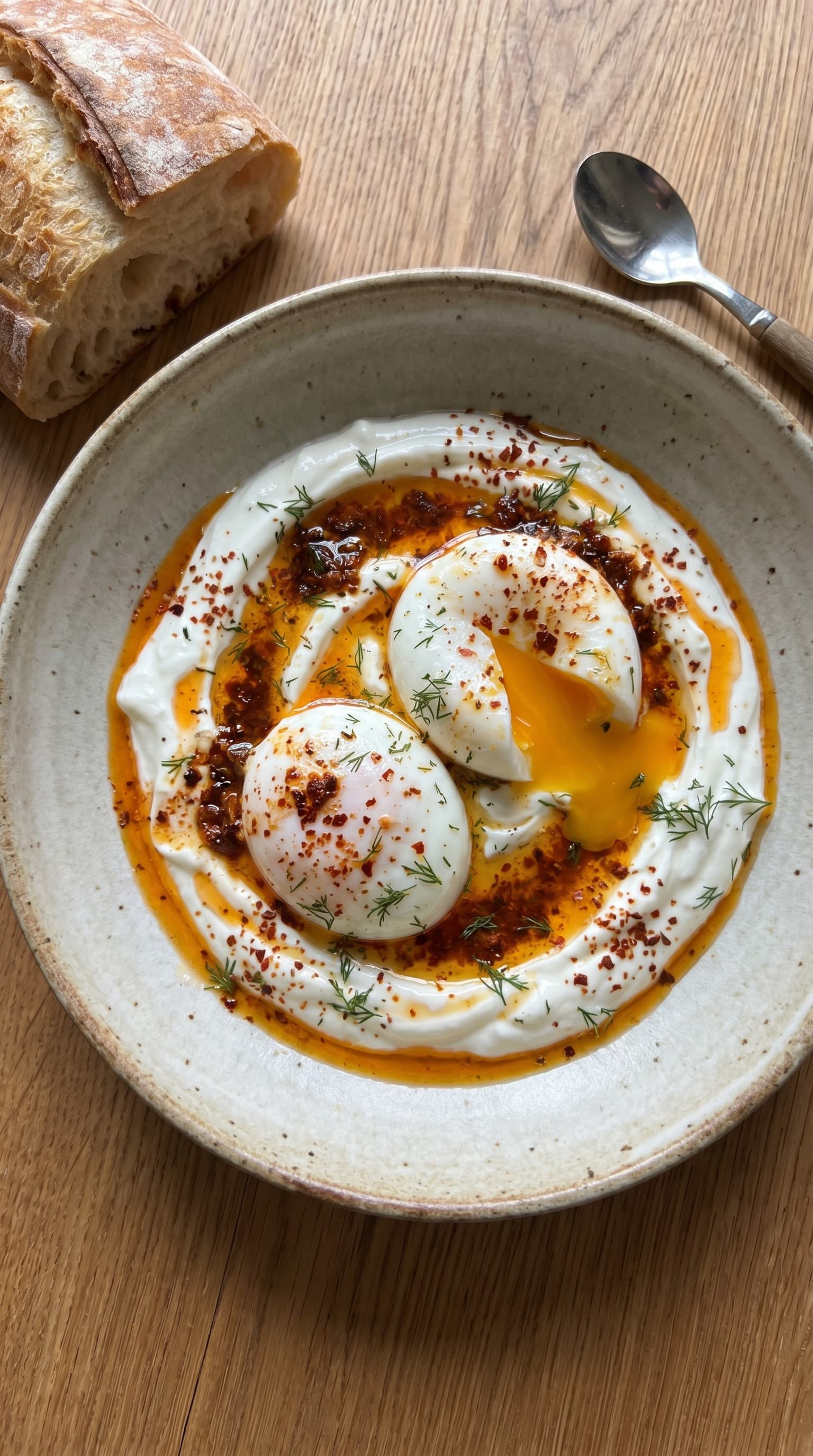 A bowl of Turkish eggs with garlicky yogurt, soft eggs and chili butter served with bread.