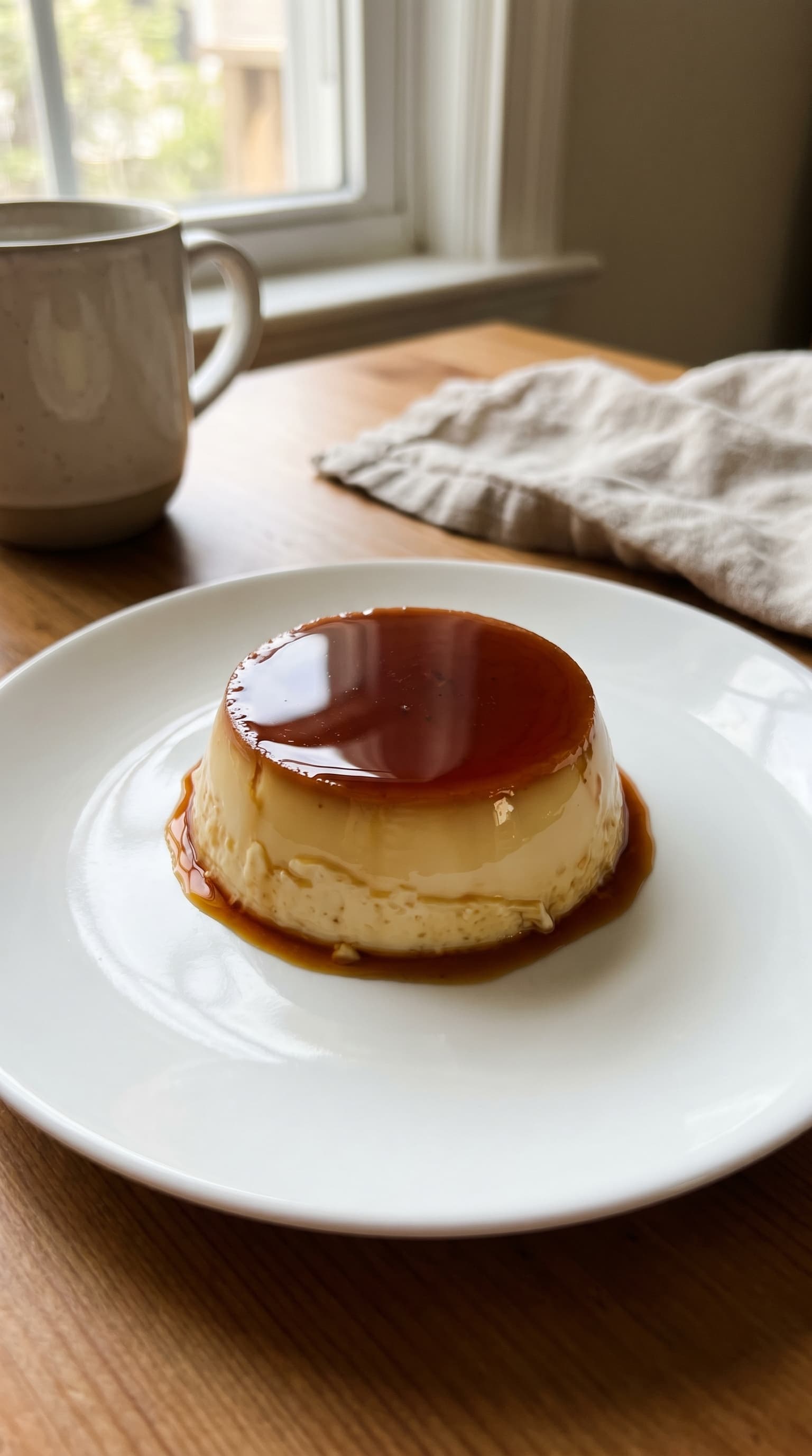 Vanilla protein crème caramel with glossy amber caramel sauce served on a white plate beside a kitchen window.