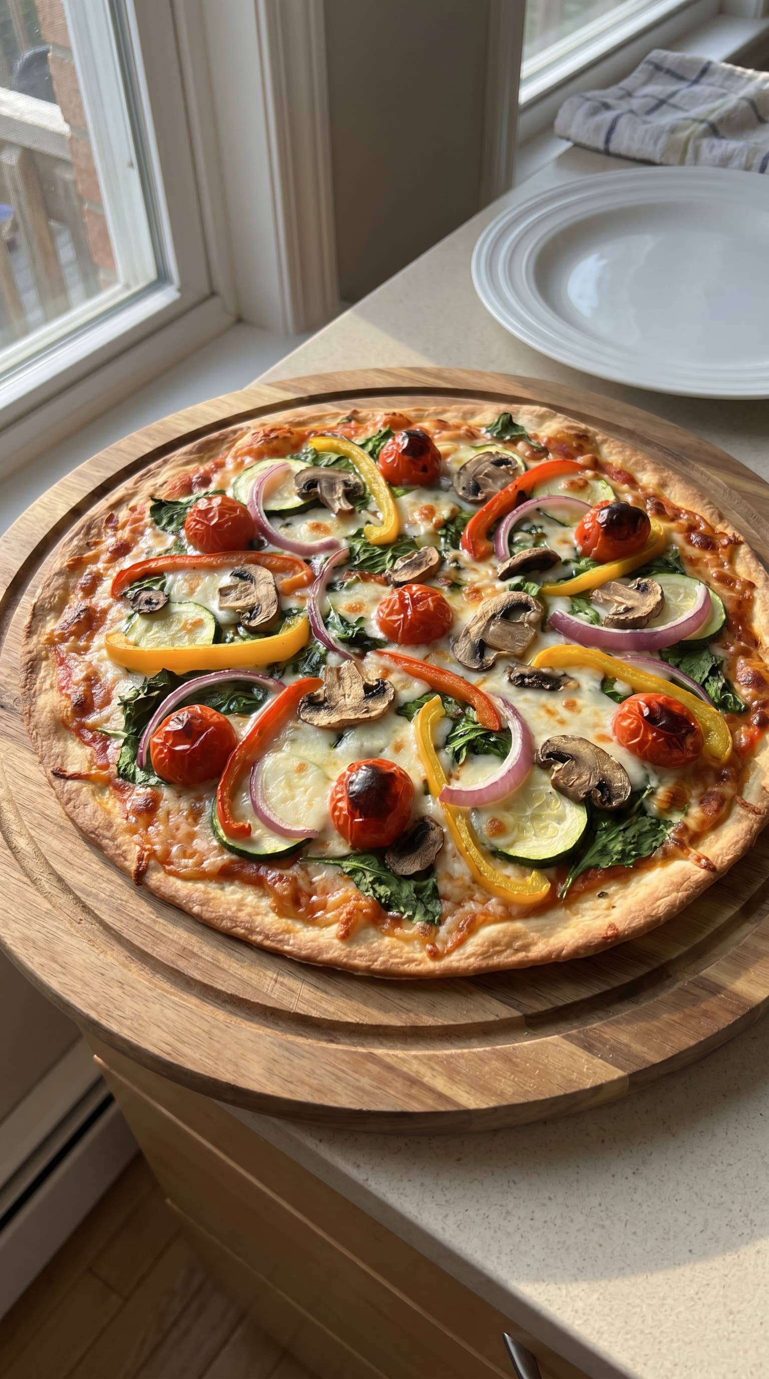 Golden homemade vegetarian pizza on a white plate topped with mozzarella, zucchini, bell peppers, red onion, and cherry tomatoes.