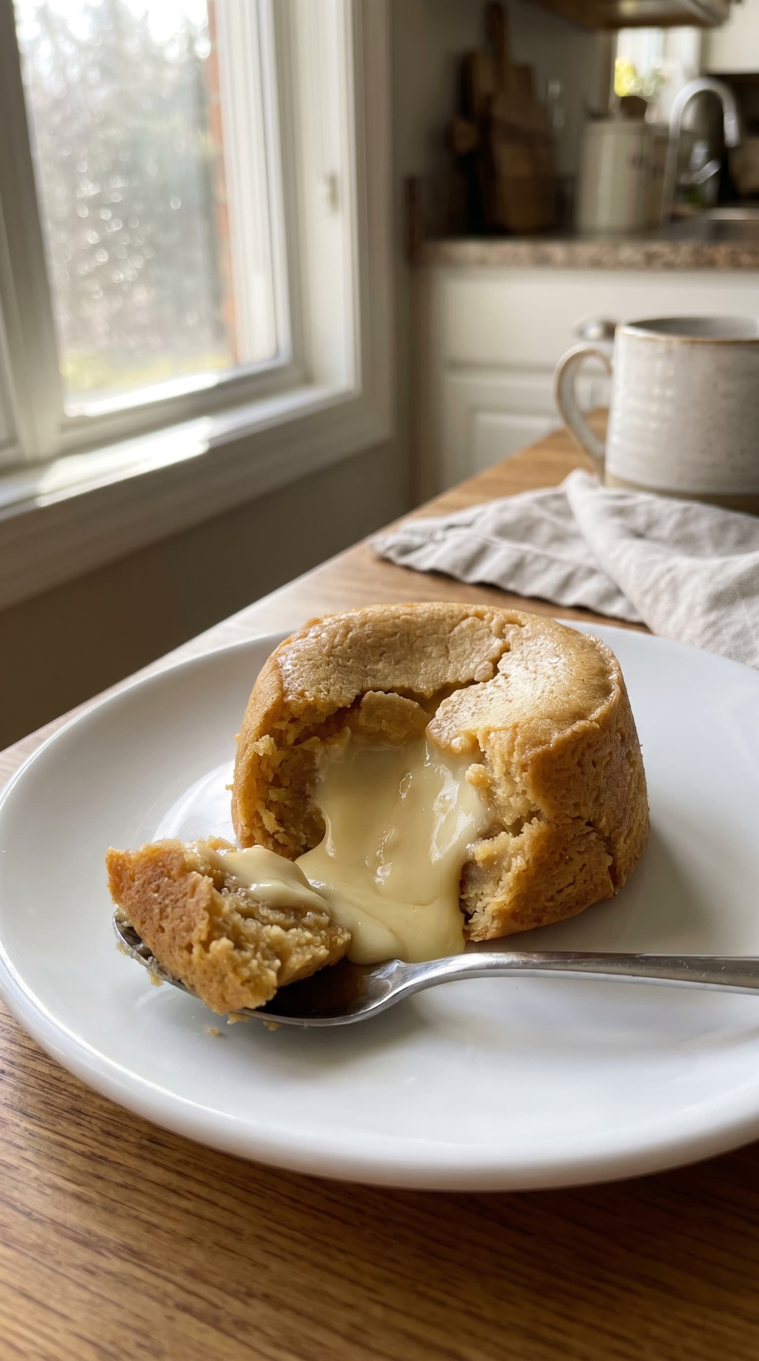 Warm white chocolate lava cake with a creamy molten center spilling onto a white plate beside a spoon by a sunny kitchen window.